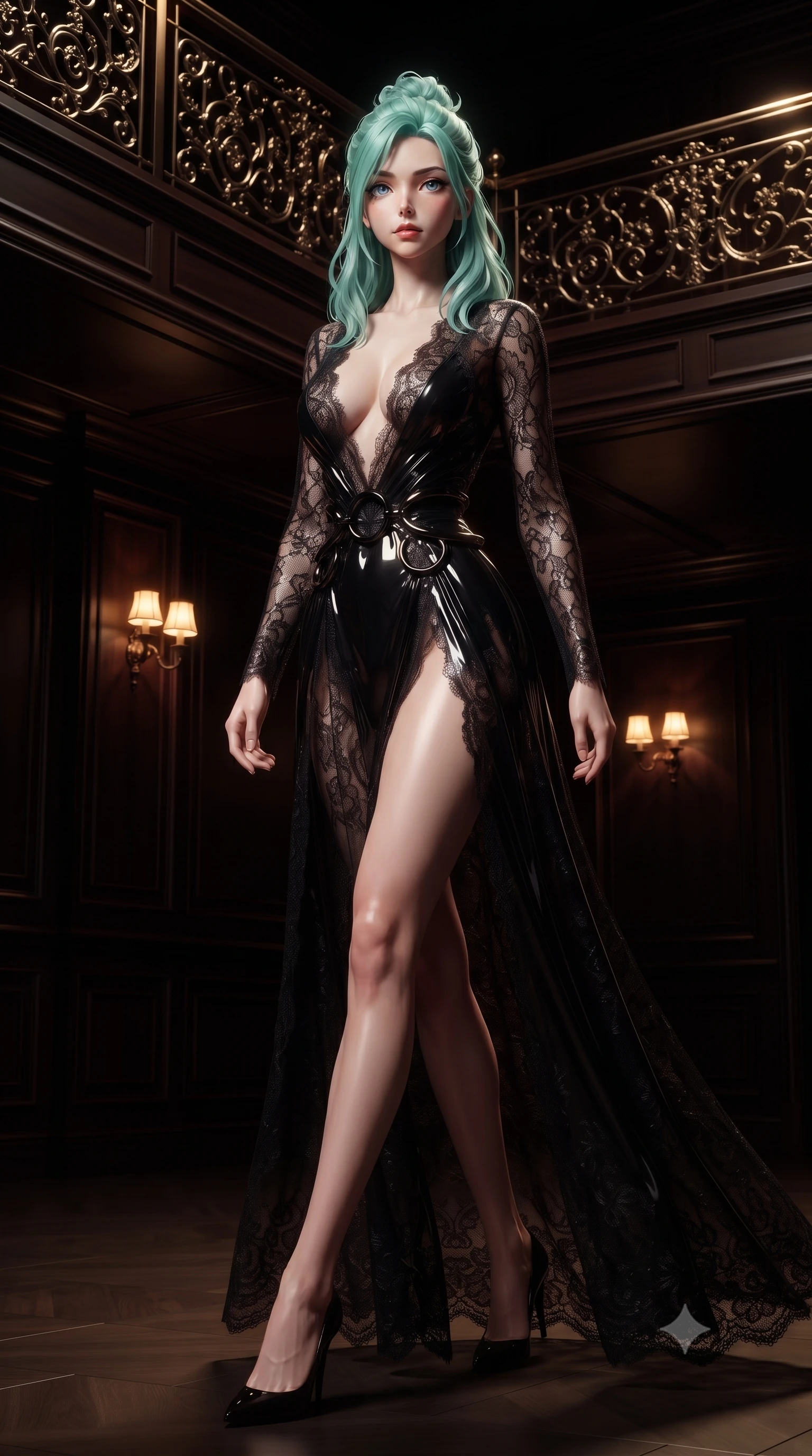 score_9, masterpiece, best quality, ultra-detailed, high-budget anime keyframe, editorial fashion photography, tasteful artistic composition, Japanese woman. low angle full-body shot from head to toe showing her feet, filling the entire 9:16 vertical frame with her statuesque presence, stretching her vertical silhouette. stepping gracefully through the dark environment, stretching her statuesque silhouette, walking down a dark mahogany opera corridor illuminated by dim amber sconces, dark gold filigree on balcony railings glinting under sharp specular highlights. She has an absolutely perfect, statuesque 8.5-heads proportion, an exceptionally tall and slender model-like female figure with impossibly long slender legs and an ultra-slim waist. sharp v-shaped jawline, high-bridge nose, intricate jewel-like eyes with depth, thick eyelashes, glossy lips with a natural sheen. wearing gothic nebula sheer dark lace gown with plunging neckline in pitch-black onyx, made of high-gloss liquid vinyl, accented with sculpted obsidian chrome rings at the waist, accentuating her gracefully sculpted slender torso. lit by intense warm spotlight contrasting with deep dark mahogany shadows. highly saturated vibrant anime colors, detailed shading with soft gradients, rich glossy textures, high-contrast stereoscopic depth, volumetric dynamic lighting, master piece, 9:16 ratio
