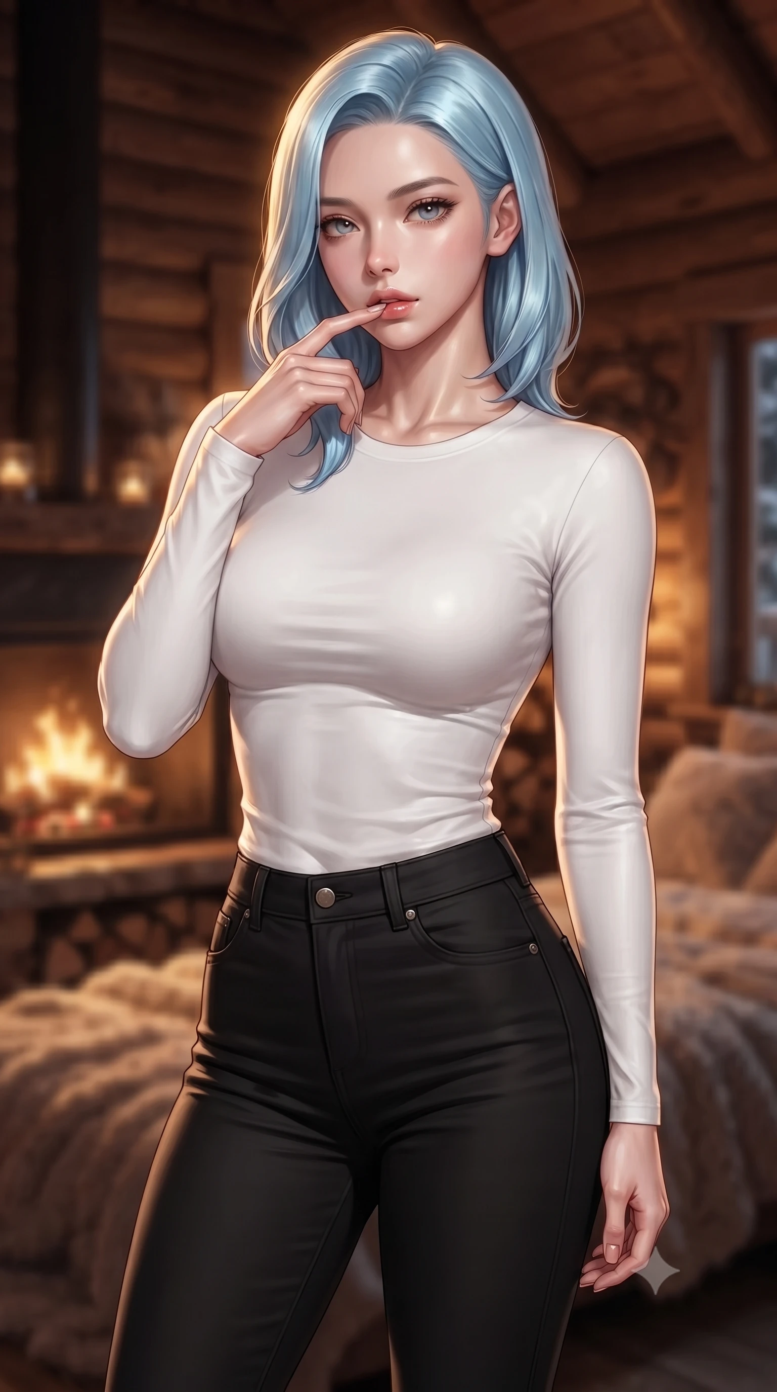 score_9, masterpiece, best quality, ultra-detailed, high-budget anime keyframe, editorial fashion photography, tasteful artistic composition, Korean woman woman. close-up cowboy shot from the waist and thighs up, the character dominates the composition, filling the frame with her large presence, background elements kept in soft focus. pressing one finger to her bottom lip in a thoughtful, seductive gesture under the warm sun the background shows a soft-focus a wooden cabin loft bedroom with a cozy hearth and soft blankets. She has an exceptionally elegant, slender, and willowy female figure with an ultra-slim waist, a gracefully sculpted slender torso, and a refined silhouette. sharp v-shaped jawline, high-bridge nose, intricate jewel-like eyes with depth, thick eyelashes, glossy lips with a natural sheen. wearing a tailored tight-fitting long-sleeve tee in pure white, tucked into high-waisted black skinny pants. warm golden flame light dancing across her skin, highlighting her athletic curves. ultra-reflective glossy finish, specular highlights, metallic sheen, high-contrast stereoscopic depth, volumetric dynamic lighting, 2k, ultra detail, master piece, 9:16 ratio