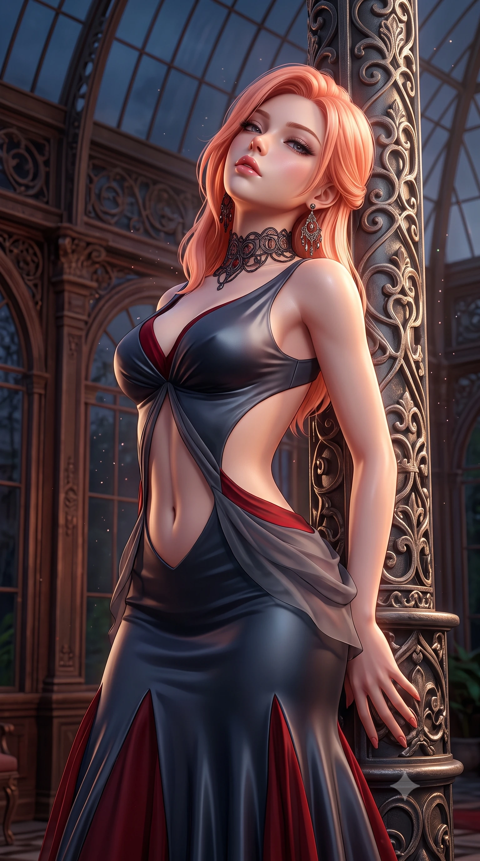 score_9, masterpiece, best quality, ultra-detailed, high-budget anime keyframe, semi-realistic 3D game render, editorial fashion photography, tasteful artistic composition, Japanese woman. close-up cowboy shot from the waist and thighs up, the character dominates the composition, filling the frame with her large presence. tilting her chin up with proud, sovereign allure while gazing through thick eyelashes with an irresistible, dangerous bedroom-gaze while leaning back against an ornate wrought-iron conservatory pillar, head tilted in ecstasy with parted glossy lips. The surrounding environment is rendered in vivid detail and crisp panoramic clarity. high-contrast gothic romance chiaroscuro and atmospheric Victorian architecture rendered with precision. She has an exceptionally elegant, slender, and willowy female figure with an ultra-slim waist, a gracefully sculpted slender torso, toned flat midriff, and a refined slim silhouette. sharp v-shaped jawline, high-bridge nose, intricate jewel-like eyes with depth, thick eyelashes, glossy parted lips with a natural sheen, intensely captivating and seductive expression, flawlessly proportioned anatomical accuracy, strict slender model proportions, natural body alignment, perfectly sculpted long slender limbs, ultra-slim waistline, clean dynamic posture without body distortion. wearing a sculptured liquid-satin mermaid gown with an architectural open-waist cutout and bare spine in midnight slate and deep scarlet accents, woven from layered gossamer chiffon with a weightless sweeping drape, finished with a dramatic filigree Victorian choker and chandelier earrings, the form-contouring material adhering flawlessly to her sculpted flat midriff and slender torso, emphasizing her long leg lines and perfectly proportioned willowy build. surrounded by a seductive, aristocratic, and dangerously alluring vampire queen aura. highly saturated vibrant anime colors, detailed shading with soft gradients, rich glossy textures, high-contrast stereoscopic depth, volumetric dynamic lighting, master piece, 9:16 ratio