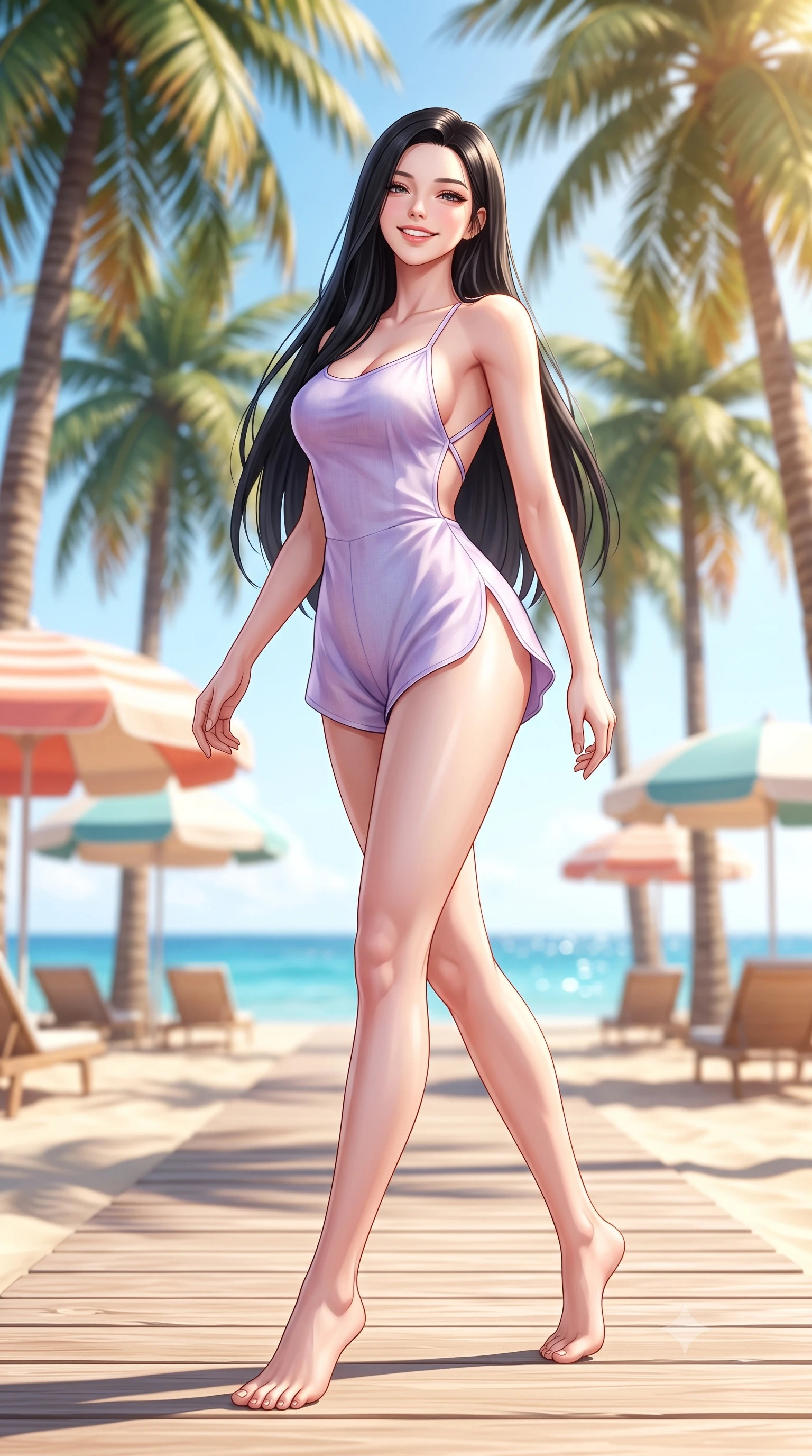 score_9, masterpiece, best quality, ultra-detailed, high-budget anime keyframe, semi-realistic 3D game render, editorial fashion photography, tasteful artistic composition, Korean woman. low angle full-body shot from head to toe showing her feet, filling the entire 9:16 vertical frame with her statuesque presence, stretching her vertical silhouette. stepping forward gracefully in mid-motion with a radiant beaming smile, hips swaying in an alluring kinetic rhythm that accentuates her curvy hourglass silhouette and long slender legs while striding gracefully down the sun-bleached wooden beach boardwalk, arching her back with a radiant supermodel smile under towering palms. The composition keeps background elements in soft focus with dreamy creamy bokeh. retro striped beach umbrellas, white sand, and glittering blue sea blurred into coral, turquoise, and champagne bokeh. She has an exceptionally tall and slender model-like 8.5-heads proportion, an ultra-slim waist, a flat toned midriff, narrow delicate ribcage, and beautifully sculpted feminine hips creating a graceful, slim hourglass silhouette without any bulky heaviness, with impossibly long slender legs. sharp v-shaped jawline, high-bridge nose, intricate jewel-like sparkling eyes with depth, thick eyelashes, glossy parted lips with a natural peach sheen, bright cheerful beaming smile with an enchanting and coquettish sensual glint, exuding both youthful cute charm and seductive allure, flawlessly proportioned anatomical accuracy, strict slender model proportions, natural body alignment, perfectly sculpted long slender limbs, ultra-slim waistline, clean dynamic posture without body distortion. wearing a second-skin stretch cotton camisole romper with high-cut leg openings and an open back in delicate lavender violet and pearlescent white, crafted from soft breathable linen with effortless natural drape, finished with criss-cross back satin straps highlighting her graceful shoulder blades, the form-contouring cut accentuating her sculpted flat midriff, narrow delicate ribcage, and gracefully curvy hips with supermodel precision. bathed in brilliant midday Mediterranean golden sunlight and bright white sand bounce fill. highly saturated vibrant anime colors, detailed shading with soft gradients, rich glossy textures, high-contrast stereoscopic depth, volumetric dynamic lighting, master piece, 9:16 ratio