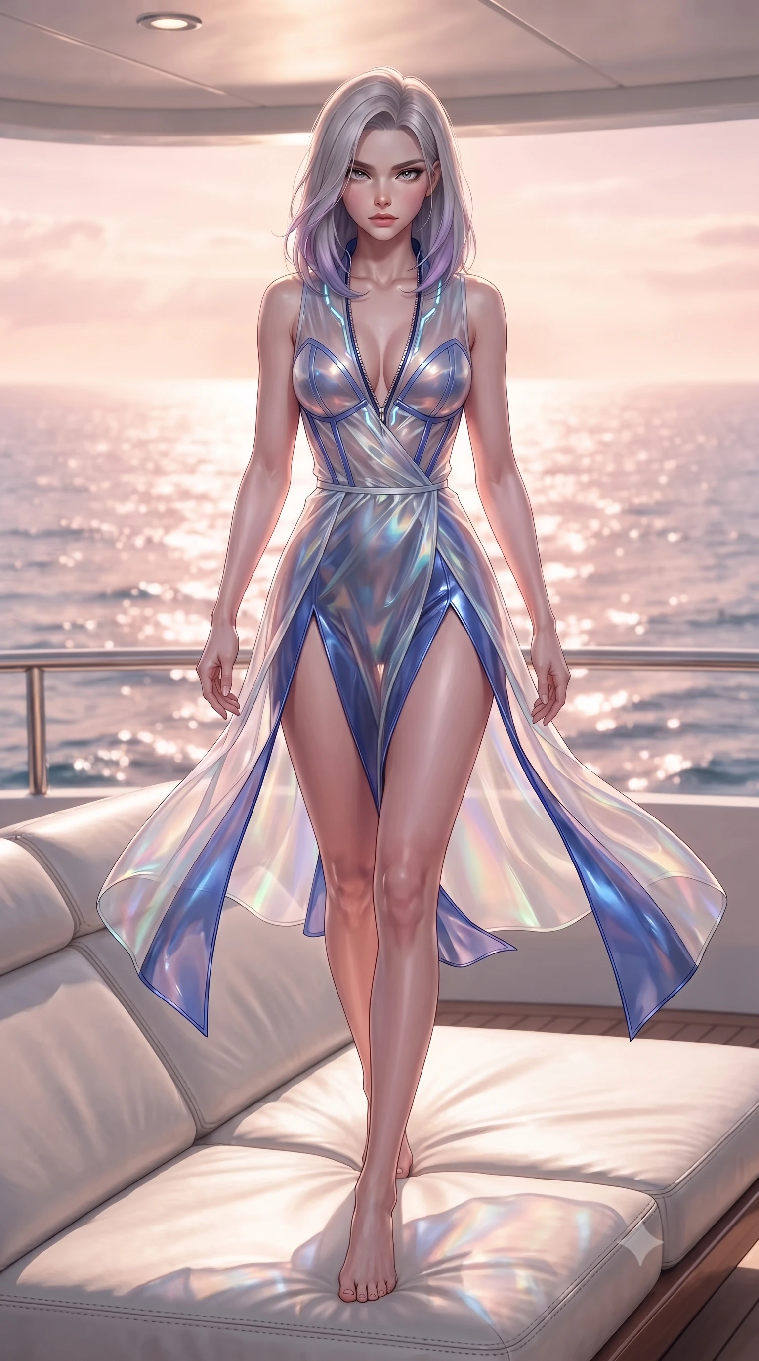 score_9, masterpiece, best quality, ultra-detailed, high-budget anime keyframe, editorial fashion photography, tasteful artistic composition, Caucasian woman. low angle full-body shot from head to toe showing her feet, filling the entire 9:16 vertical frame with her statuesque presence, stretching her vertical silhouette. striding forward in a proud, statuesque motion with a dangerous smolder, her vertical silhouette dominating the frame from head to toe while stretching her slender legs along a white leather sun-lounger with Mediterranean sea breezes fluttering her silk dress. The surrounding environment is rendered in vivid detail and crisp panoramic clarity. vibrant luxury maritime aesthetic and high-fashion European glamour in panoramic sharpness. She has an absolutely perfect, statuesque 8.5-heads proportion, an exceptionally tall and slender model-like female figure with impossibly long slender legs, a toned flat midriff, and an ultra-slim waist. sharp v-shaped jawline, high-bridge nose, intricate jewel-like eyes with depth, thick eyelashes, glossy lips with a natural sheen, flawlessly proportioned anatomical accuracy, strict slender model proportions, natural body alignment, perfectly sculpted long slender limbs, ultra-slim waistline, clean dynamic posture without body distortion. wearing a translucent iridescent organza wrap dress with structured bustier boning, plunging neckline, and high-cut dual leg slits in liquid electric cobalt blue and polished silver, formed from high-gloss patent material with specular light reflections, featuring a dangerously unzipped neckline framed by glowing cybernetic accents, the sleek second-skin cut tightly hugging her graceful clavicle, narrow waist, and feminine curves with athletic precision. bathed in warm rose-gold sunset sunbeams and sparkling ocean surface reflections. ultra-reflective glossy finish, specular highlights, metallic sheen, high-contrast stereoscopic depth, volumetric dynamic lighting, 2k, ultra detail, master piece, 9:16 ratio