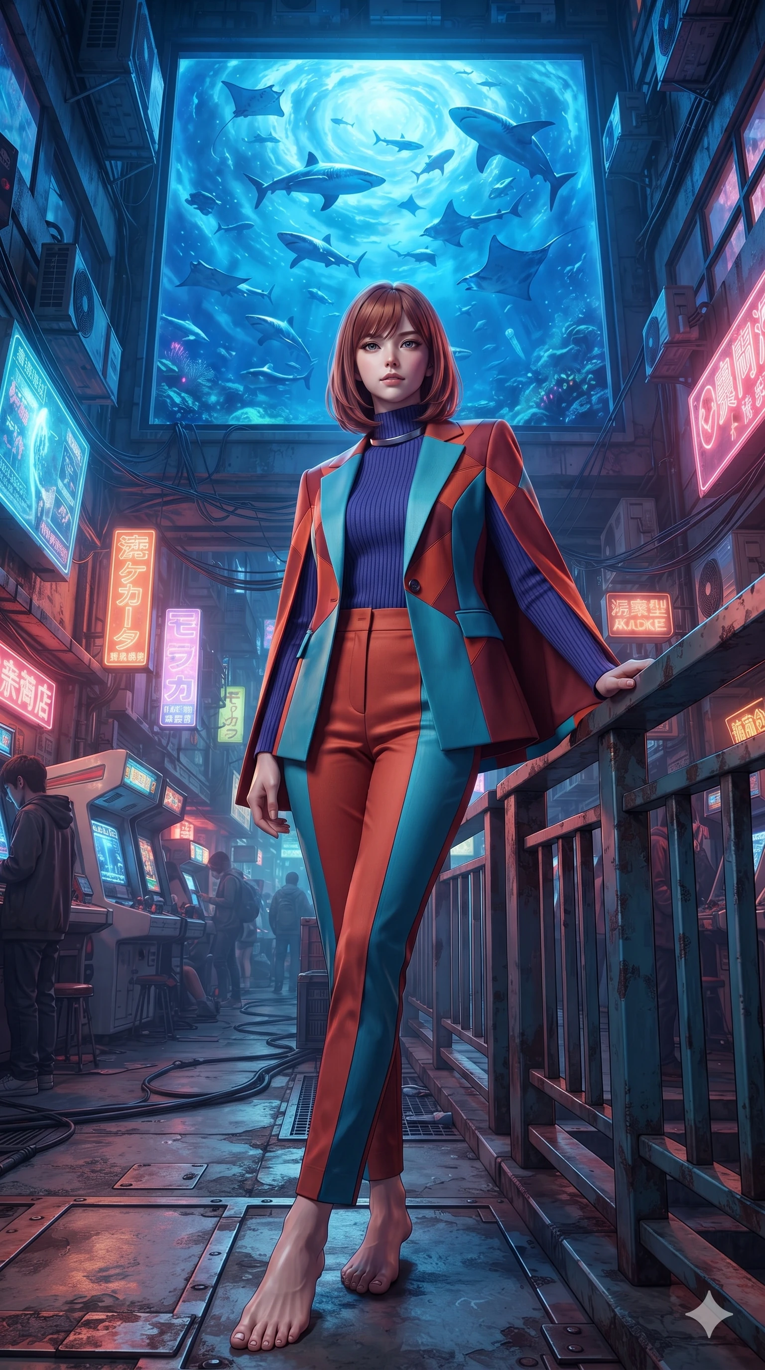 score_9, masterpiece, best quality, ultra-detailed, high-budget anime keyframe, editorial fashion photography, tasteful artistic composition, Caucasian woman. low angle full-body shot from head to toe showing her feet, filling the entire 9:16 vertical frame with her statuesque presence, stretching her vertical silhouette. leaning deep against the balcony balustrade with hips cocked back in an unapologetically alluring high-fashion stance, casting an intoxicating glance while standing poised in the crowded cyber-arcade alley beneath a giant virtual aquarium billboard projecting swimming sharks and manta rays, arching her spine with seductive charisma. The surrounding environment is rendered in vivid detail and crisp panoramic clarity: detailed garment drape, second-skin fit, and bustling futuristic streetscape in high resolution. She has an exceptionally tall and slender model-like 8.5-heads proportion, an ultra-slim waist, a flat toned midriff, narrow delicate ribcage, and beautifully sculpted feminine hips creating a graceful, slim hourglass silhouette without any bulky heaviness, with impossibly long slender legs. sharp v-shaped jawline, high-bridge nose, intricate jewel-like sparkling eyes with depth, thick eyelashes, glossy parted lips with a natural peach sheen, bright cheerful beaming smile with an enchanting and coquettish sensual glint, exuding both youthful cute charm and seductive allure, flawlessly proportioned anatomical accuracy, strict slender model proportions, natural body alignment, perfectly sculpted long slender limbs, ultra-slim waistline, clean dynamic posture without body distortion. wearing a tailored cyber-haute couture cape blazer layered over a high-neck ribbed knit top and tailored trousers in cyber-shinto vermilion and laser turquoise, tailored from high-density tech-wool with subtle metallic thread weave, finished with a minimalist chrome choker and a single teardrop diamond pendant, the impeccably tailored cut draping gracefully along her slender figure with aristocratic poise. bathed in the glowing azure and indigo illumination of the monumental virtual aquarium billboard. ultra-reflective glossy finish, specular highlights, rich textural contrasts, high-contrast stereoscopic depth, volumetric dynamic lighting, 2k, ultra detail, master piece, 9:16 ratio