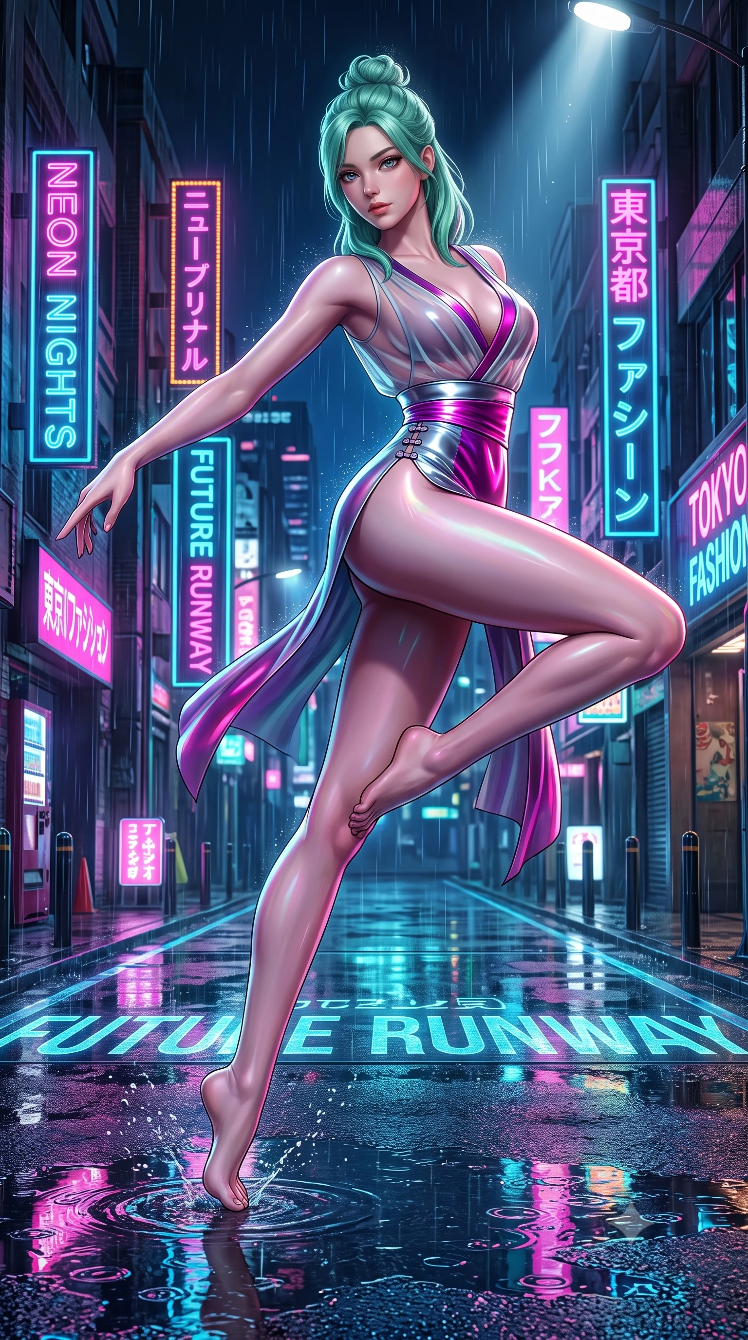 score_9, masterpiece, best quality, ultra-detailed, high-budget anime keyframe, semi-realistic 3D game render, editorial fashion photography, tasteful artistic composition, Japanese woman. low angle full-body shot from head to toe showing her feet, filling the entire 9:16 vertical frame with her statuesque presence, stretching her vertical silhouette. leaping through mid-air with an athletic yet alluring arch of her spine, her impossibly long slender legs stretched in flawless poise while pivoting dynamically on reflective wet asphalt as vibrant neon billboard lights ripple across puddles. The surrounding environment is rendered in vivid detail and crisp panoramic clarity. crisp rain droplet splashes, sharp neon sign typography, and wet reflective glass runway textures in deep focus. She has an absolutely perfect, statuesque 8.5-heads proportion, an exceptionally tall and slender model-like female figure with impossibly long slender legs and an ultra-slim waist. sharp v-shaped jawline, high-bridge nose, intricate jewel-like eyes with depth, thick eyelashes, glossy lips with a natural sheen, flawlessly proportioned anatomical accuracy, natural body alignment, perfectly sculpted elegant limbs, clean dynamic posture without body distortion. wearing a shortened cyber-fusion wrap top with transparent chiffon panels, a deep crossover neckline, and a high-waisted metallic sash that accentuates her ultra-slim waist in chromatic platinum and blazing neon magenta, crafted from ultra-reflective second-skin latex with a glass-like polish, finished with an ultra-high side slit secured by miniature magnetic clasps, the form-contouring second-skin material highlighting her ultra-slim waist and long lines. bathed in multi-colored neon reflections from wet surfaces and sharp overhead spotlights. highly saturated vibrant anime colors, detailed shading with soft gradients, rich glossy textures, high-contrast stereoscopic depth, volumetric dynamic lighting, master piece, 9:16 ratio