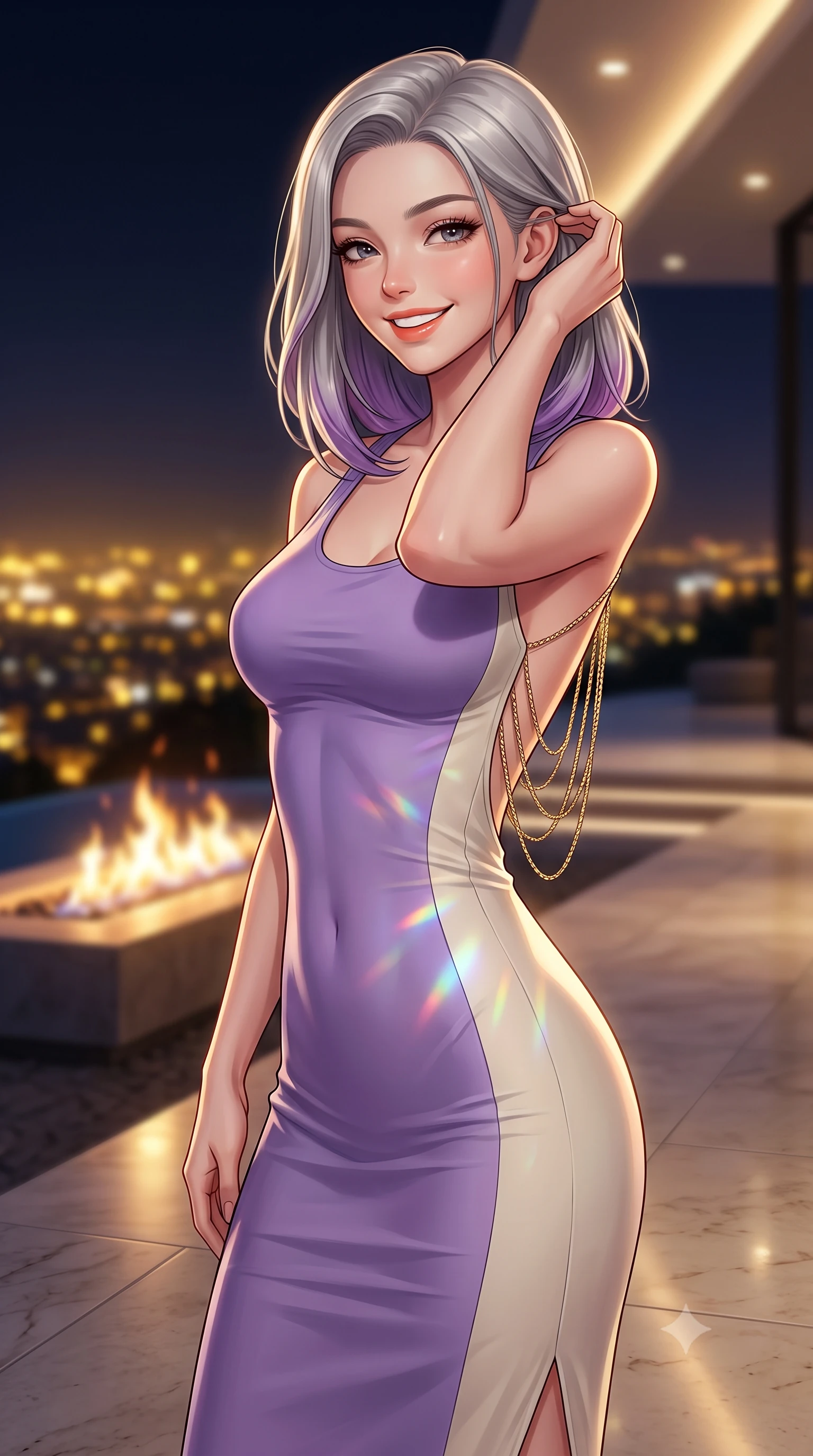 score_9, masterpiece, best quality, ultra-detailed, high-budget anime keyframe, semi-realistic 3D game render, editorial fashion photography, tasteful artistic composition, Caucasian woman. close-up cowboy shot from the waist and thighs up, the character dominates the composition, filling the frame with her large presence. gently brushing a lock of hair behind her ear while casting a playful, flirtatious side-gaze with long eyelashes while twisting her slender torso in an alluring S-curve on the polished limestone deck, city glow casting prismatic highlights across her flat midriff. The background shows a soft-focus linear deck fire pit flames softened in billionaire hillside mansion shallow focus. She has an exceptionally elegant, slender, and willowy female figure with an ultra-slim waist, flat toned midriff, narrow ribcage, and sculpted feminine hips creating an alluring, slim hourglass silhouette without bulk. sharp v-shaped jawline, high-bridge nose, intricate jewel-like sparkling eyes with depth, thick eyelashes, glossy parted lips with a natural peach sheen, bright cheerful beaming smile with an enchanting and coquettish sensual glint, exuding both youthful cute charm and seductive allure, flawlessly proportioned anatomical accuracy, strict slender model proportions, natural body alignment, perfectly sculpted long slender limbs, ultra-slim waistline, clean dynamic posture without body distortion. wearing a glove-like stretch modal tank dress adhering tightly to her flat midriff and feminine hips in Luberon lavender purple and Provençal limestone cream, made of fluid liquid jersey with seamless sculpting hold and smooth contours, accented with an open-back drape framed by falling strands of delicate gold chains, the second-skin tailored fabric adhering flawlessly to her sculpted flat midriff and slender torso, emphasizing her long leg lines and perfectly proportioned willowy build. bathed in the dramatic contrast of golden city lights below and dim 2800K recessed interior cove downlights. highly saturated vibrant anime colors, detailed shading with soft gradients, rich glossy textures, high-contrast stereoscopic depth, volumetric dynamic lighting, master piece, 9:16 ratio