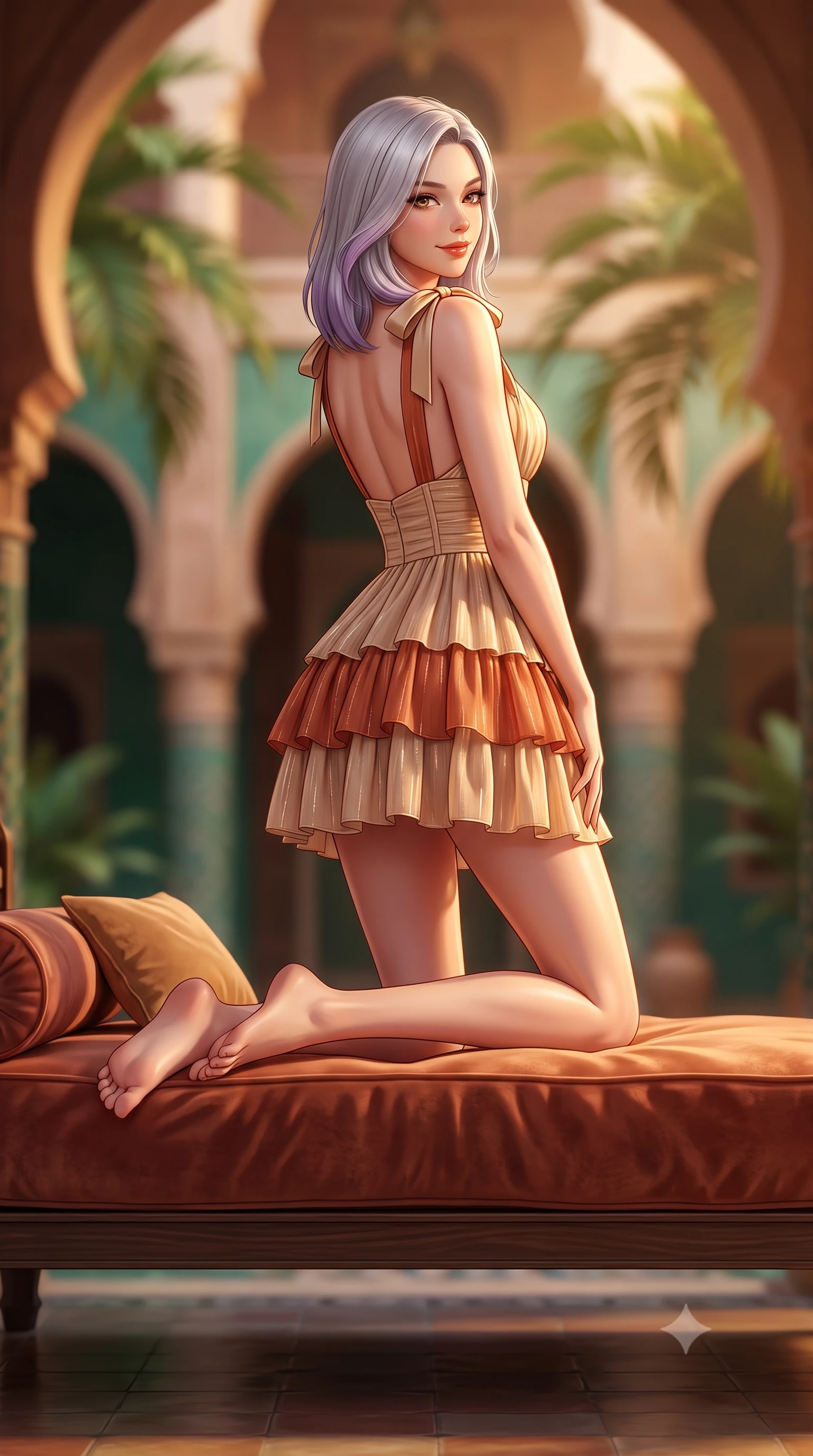 score_9, masterpiece, best quality, ultra-detailed, high-budget anime keyframe, semi-realistic 3D game render, editorial fashion photography, tasteful artistic composition, Caucasian woman. low angle full-body shot from head to toe showing her feet, filling the entire 9:16 vertical frame with her statuesque presence, stretching her vertical silhouette. posing with back turned slightly to the lens, glancing back with an enchanting, playful smile as she arches her lower back to emphasize her sculpted feminine hips and slender waist while lounging across an oversized velvet-cushioned daybed, one knee drawn up, displaying her long slender limbs and toned flat midriff with regal charm. The composition keeps background elements in soft focus with dreamy creamy bokeh. ornate Moorish keyhole arches and soaring inner courtyard palm fronds blurred into jade, terracotta, and warm ochre bokeh. She has an exceptionally tall and slender model-like 8.5-heads proportion, an ultra-slim waist, a flat toned midriff, narrow delicate ribcage, and beautifully sculpted feminine hips creating a graceful, slim hourglass silhouette without any bulky heaviness, with impossibly long slender legs. sharp v-shaped jawline, high-bridge nose, sparkling amber-hazel eyes with depth, long lush eyelashes, glossy sun-kissed lips with a warm coral glaze, radiant teasing smile with sensual sunlit bedroom-eyes, exuding effortless old-money elegance and intoxicating sun-drenched allure, flawlessly proportioned anatomical accuracy, strict slender model proportions, natural body alignment, perfectly sculpted long slender limbs, ultra-slim waistline, clean dynamic posture without body distortion. wearing a tiered ruffled chiffon resort mini dress with an ultra-slim corseted waist and open back in Mediterranean terracotta and warm oatmeal beige, woven from delicate metallic lurex thread catching the golden hour sunbeams, finished with cute satin bow ribbons tying at the shoulders, the high-waisted tailoring accentuating her ultra-slim waistline and the enchanting curve of her feminine hips with alluring sunlit charm. bathed in warm ambient evening light filtering down into the tranquil open-air courtyard. highly saturated vibrant anime colors, detailed shading with soft gradients, rich glossy textures, high-contrast stereoscopic depth, volumetric dynamic lighting, master piece, 9:16 ratio