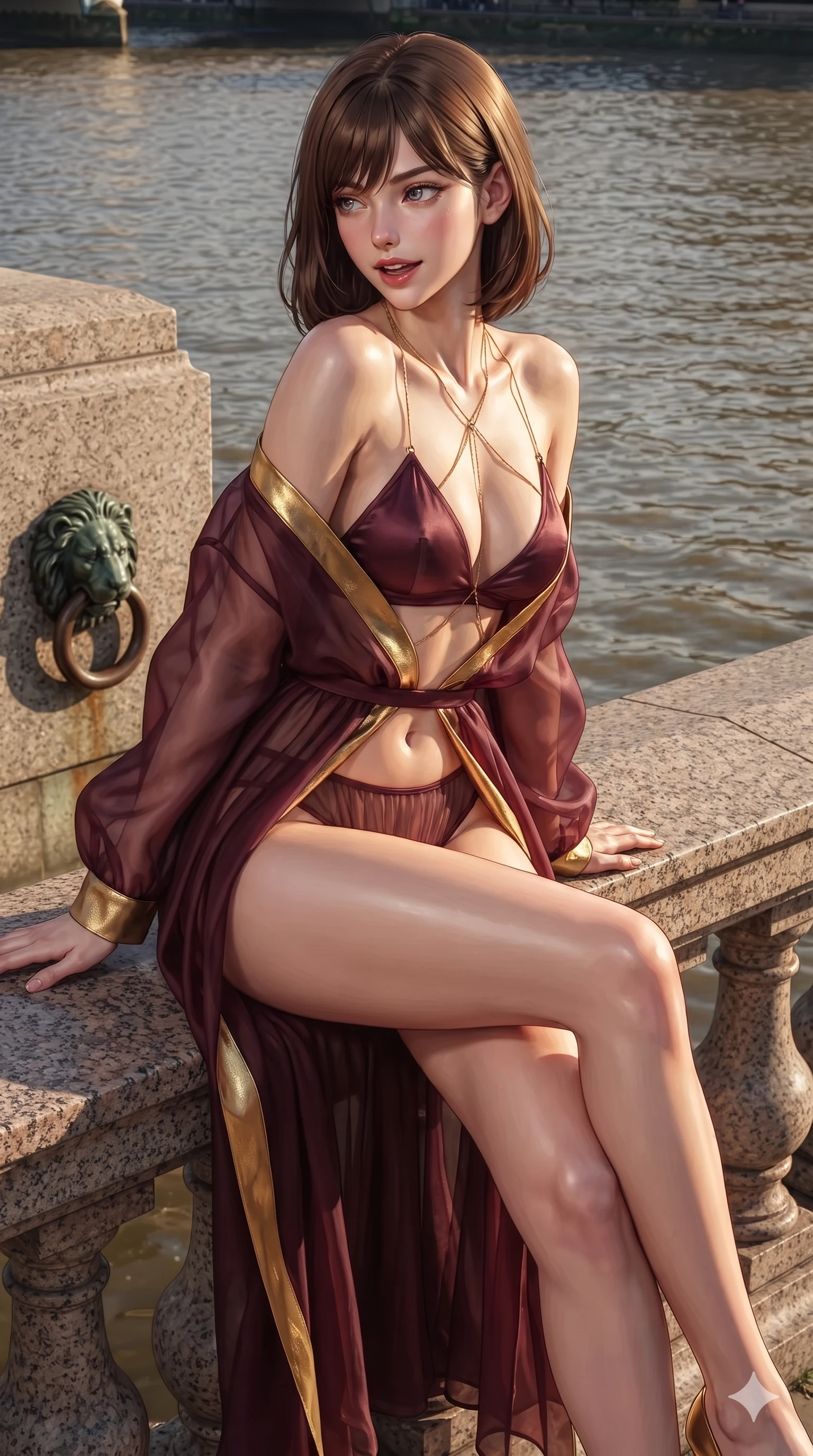 score_9, masterpiece, best quality, ultra-detailed, high-budget anime keyframe, editorial fashion photography, tasteful artistic composition, Korean woman. close-up cowboy shot from the waist and thighs up, the character dominates the composition, filling the frame with her large presence. glancing down over lowered lashes before meeting the camera with quiet, devastating intensity, her tailored outfit tracing her ultra-slim waist and hips while perched gracefully on the granite balustrade seat with legs crossed, looking over a bare shoulder with an irresistible siren gaze. The surrounding environment is rendered in vivid detail and crisp panoramic clarity: sharp carved granite balustrade texture, weathered bronze lion mooring ring, and rippling river water surface in deep focus. She has an exceptionally elegant, slender, and willowy female figure with an ultra-slim waist, flat toned midriff, narrow ribcage, and sculpted feminine hips creating an alluring, slim hourglass silhouette without bulk. sharp v-shaped jawline, high-bridge nose, intricate jewel-like dark sparkling eyes with dangerous depth, thick curled eyelashes, glossy parted lips with a rich wine sheen, smoldering seductive half-smile with bedroom-eyes, exuding effortless superiority and intoxicating dark allure, flawlessly proportioned anatomical accuracy, strict slender model proportions, natural body alignment, perfectly sculpted long slender limbs, ultra-slim waistline, clean dynamic posture without body distortion. wearing a sheer gossamer organza evening kimono slipping off bare shoulders over a matching satin micro-bralette and briefs in deep wine burgundy and lustrous gold foil, crafted from semi-sheer pleated silk chiffon layered over an opaque second-skin underlayer, accented with a gold body chain harness subtly framing her dewy collarbones and spine, the precision-cut side openings and low-back scoop framing her graceful spine and the sensual sweep of her slim, toned hips. illuminated by Thames water surface bounce and sharp golden-amber rim lights sculpting her razor-sharp jawline, narrow waist, and curvy hips. ultra-reflective glossy finish, specular highlights, rich textural contrasts, high-contrast stereoscopic depth, volumetric dynamic lighting, 2k, ultra detail, master piece, 9:16 ratio