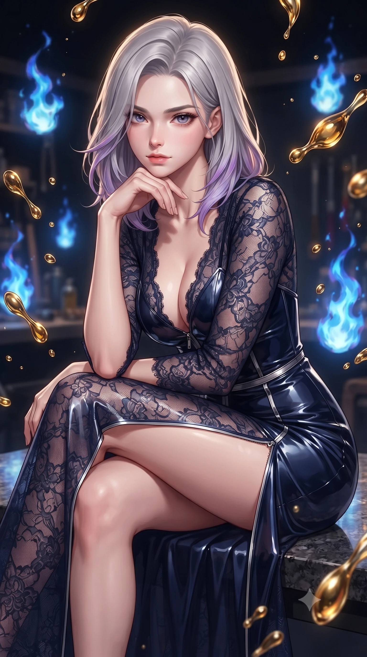 score_9, masterpiece, best quality, ultra-detailed, high-budget anime keyframe, editorial fashion photography, tasteful artistic composition, Caucasian woman. close-up cowboy shot from the waist and thighs up, the character dominates the composition, filling the frame with her large presence, background elements kept in soft focus. Resting her chin on the backs of her fingers with an air of effortless superiority, poised on a polished dark granite floor surrounded by floating blue alchemy flames, viscous golden liquid droplets frozen mid-air with warm specular glints. She has an exceptionally elegant, slender, and willowy female figure with an ultra-slim waist, a gracefully sculpted slender torso, and a refined silhouette. sharp v-shaped jawline, high-bridge nose, intricate jewel-like eyes with depth, thick eyelashes, glossy lips with a natural sheen. wearing gothic nebula sheer dark lace gown with plunging neckline in midnight navy blue, made of high-gloss liquid vinyl, finished with metallic silver boning and sleek zipper points, highlighting her statuesque proportions and ultra-slim waistline. lit by sharp golden key light emerging from deep obsidian workshop shadows. highly saturated vibrant anime colors, detailed shading with soft gradients, rich glossy textures, high-contrast stereoscopic depth, volumetric dynamic lighting, master piece, 9:16 ratio