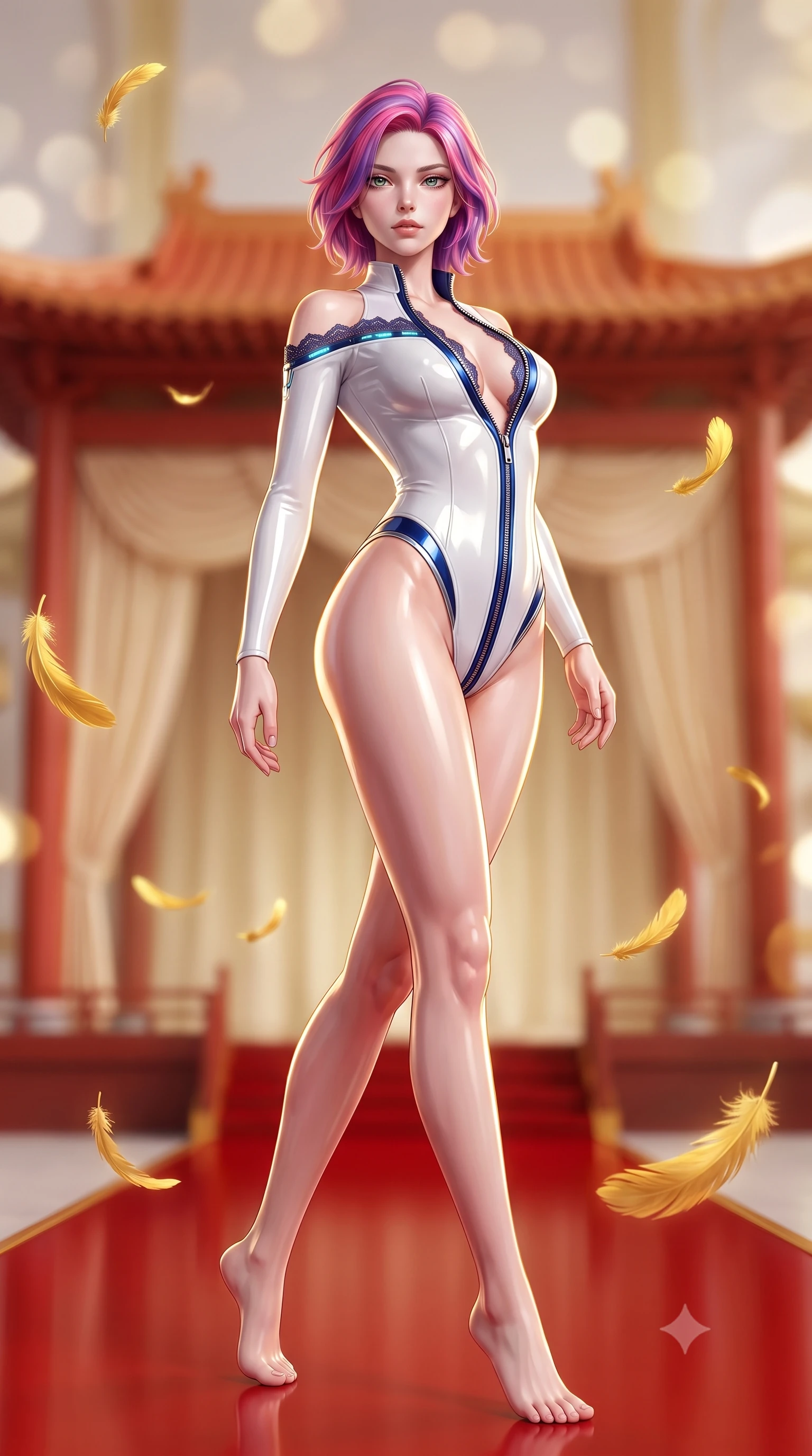 score_9, masterpiece, best quality, ultra-detailed, high-budget anime keyframe, semi-realistic 3D game render, editorial fashion photography, tasteful artistic composition, Caucasian woman. low angle full-body shot from head to toe showing her feet, filling the entire 9:16 vertical frame with her statuesque presence, stretching her vertical silhouette. arching her back in a fluid zero-gravity turn with sovereign grace, her long slender legs and sculpted torso creating a sweeping line while striding with imperial majesty down a red lacquer runway inside a soaring golden palace as golden phoenix feathers float around her. The composition keeps background elements in soft focus with creamy bokeh. traditional vermilion roof eaves and silk drapes softened by shallow cinematic depth of field. She has an absolutely perfect, statuesque 8.5-heads proportion, an exceptionally tall and slender model-like female figure with impossibly long slender legs, a toned flat midriff, and an ultra-slim waist. sharp v-shaped jawline, high-bridge nose, intricate jewel-like eyes with depth, thick eyelashes, glossy lips with a natural sheen, flawlessly proportioned anatomical accuracy, strict slender model proportions, natural body alignment, perfectly sculpted long slender limbs, ultra-slim waistline, clean dynamic posture without body distortion. wearing a glossy white second-skin latex bodysuit with high-thigh cuts, exposed clavicle neckline, and gleaming zipper details in deep royal navy blue and specular chrome, crafted from delicate dark lace interwoven with luminescent micro-fibers, featuring a dangerously unzipped neckline framed by glowing cybernetic accents, the precision-cut daring openings accentuating her delicate midriff, graceful bare collarbones, and ultra-slim feminine waistline. illuminated by crisp gold rim highlights sharply defining her ultra-slim waist and long legs. highly saturated vibrant anime colors, detailed shading with soft gradients, rich glossy textures, high-contrast stereoscopic depth, volumetric dynamic lighting, master piece, 9:16 ratio