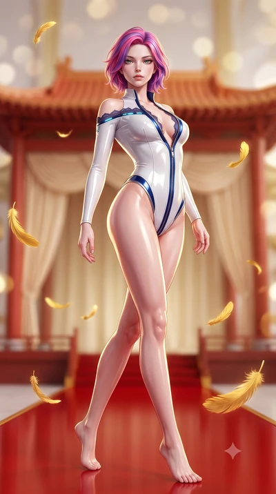 score_9, masterpiece, best quality, ultra-detailed, high-budget anime keyframe, semi-realistic 3D game render, editorial fashion photography, tasteful artistic composition, Caucasian woman. low angle full-body shot from head to toe showing her feet, 