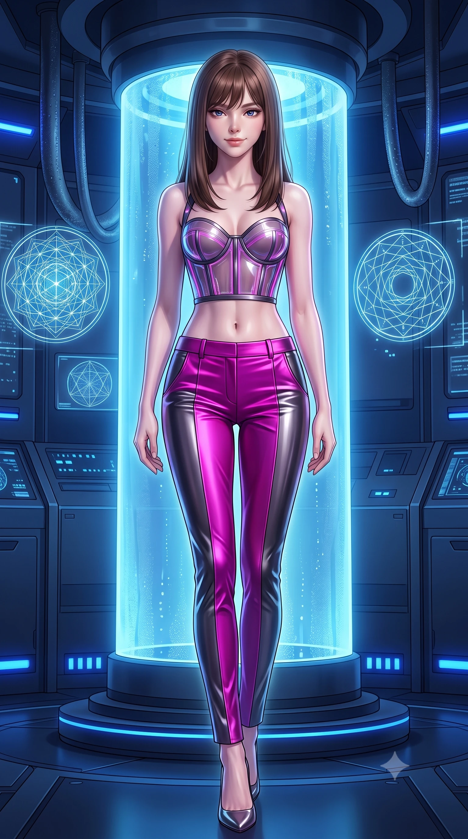 score_9, masterpiece, best quality, ultra-detailed, high-budget anime keyframe, semi-realistic 3D game render, editorial fashion photography, tasteful artistic composition, Korean woman. low angle full-body shot from head to toe showing her feet, filling the entire 9:16 vertical frame with her statuesque presence, stretching her vertical silhouette. striding forward with commanding supermodel grace, her 8.5-heads statuesque silhouette dominating the vertical frame from head to toe while leaning against a glowing blue cryo-column with a wise, captivating smile looking directly into the camera. The surrounding environment is rendered in vivid detail and crisp panoramic clarity. crisp holographic geometric mandala glyphs, cryo-pipe condensation beads, and deep blue LEDs in high clarity. She has an absolutely perfect, statuesque 8.5-heads proportion, an exceptionally tall and slender model-like female figure with impossibly long slender legs, a toned flat midriff, and an ultra-slim waist. sharp v-shaped jawline, high-bridge nose, intricate jewel-like eyes with depth, thick eyelashes, glossy lips with a natural sheen, flawlessly proportioned anatomical accuracy, strict slender model proportions, natural body alignment, perfectly sculpted long slender limbs, ultra-slim waistline, clean dynamic posture without body distortion. wearing a structured translucent cyber-corset paired with tailored high-fashion satin trousers that sharply cinch her ultra-slim waist in vibrant electric magenta and ultra-reflective dark titanium, tailored from semi-translucent cybernetic vinyl with glowing micro-filaments, complemented by criss-cross back straps highlighting her completely bare spine, the sleek second-skin cut tightly hugging her graceful clavicle, narrow waist, and feminine curves with athletic precision. surrounded by an omniscient, divine, and radiantly transcendent digital muse aura. rich saturated anime colors with glowing neon highlights, detailed shading with soft gradients, rich glossy textures, high-contrast stereoscopic depth, volumetric dynamic lighting, master piece, 9:16 ratio