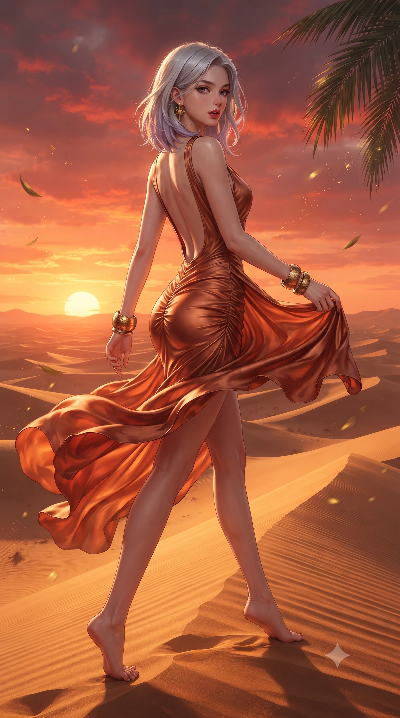 score_9, masterpiece, best quality, ultra-detailed, high-budget anime keyframe, editorial fashion photography, tasteful artistic composition, Caucasian woman. low angle full-body shot from head to toe showing her feet, filling the entire 9:16 vertical frame with her statuesque presence, stretching her vertical silhouette. executing an elegant mid-motion pivot turn as garments swirl around her slender limbs, glancing over her shoulder with an intoxicating bedroom-gaze while striding along the ridge of the desert sands, hips swaying in an alluring kinetic rhythm as the crimson sun sinks beneath the horizon. The surrounding environment is rendered in vivid detail and crisp panoramic clarity. detailed sunset horizon gradients, palm frond veins, and floating golden dust in high clarity. She has an absolutely perfect, statuesque 8.5-heads proportion, an exceptionally tall and slender model-like female figure with impossibly long slender legs, a toned flat midriff, an ultra-slim waist, and beautifully sculpted feminine hips. sharp v-shaped jawline, high-bridge nose, intricate jewel-like eyes with depth, thick eyelashes, glossy parted lips with a natural sheen, intensely captivating and seductive bedroom-eyes expression, flawlessly proportioned anatomical accuracy, strict slender model proportions, natural body alignment, perfectly sculpted long slender limbs, ultra-slim waistline, clean dynamic posture without body distortion. wearing a backless draped silk jersey column gown with molten copper sheen and hip-accentuating ruching in molten desert gold and burnt terracotta, woven from fine textured cotton gauze that flutters in the desert wind, complemented by chunky hammered brass bangles and delicate sunburst earrings, the precision-cut side openings and low-back scoop framing her graceful spine and the sensual sweep of her hips. illuminated by dramatic low-angle sun rays defining her razor-sharp jawline, narrow waist, and curvy hips. ultra-reflective glossy finish, specular highlights, rich textural contrasts, high-contrast stereoscopic depth, volumetric dynamic lighting, 2k, ultra detail, master piece, 9:16 ratio