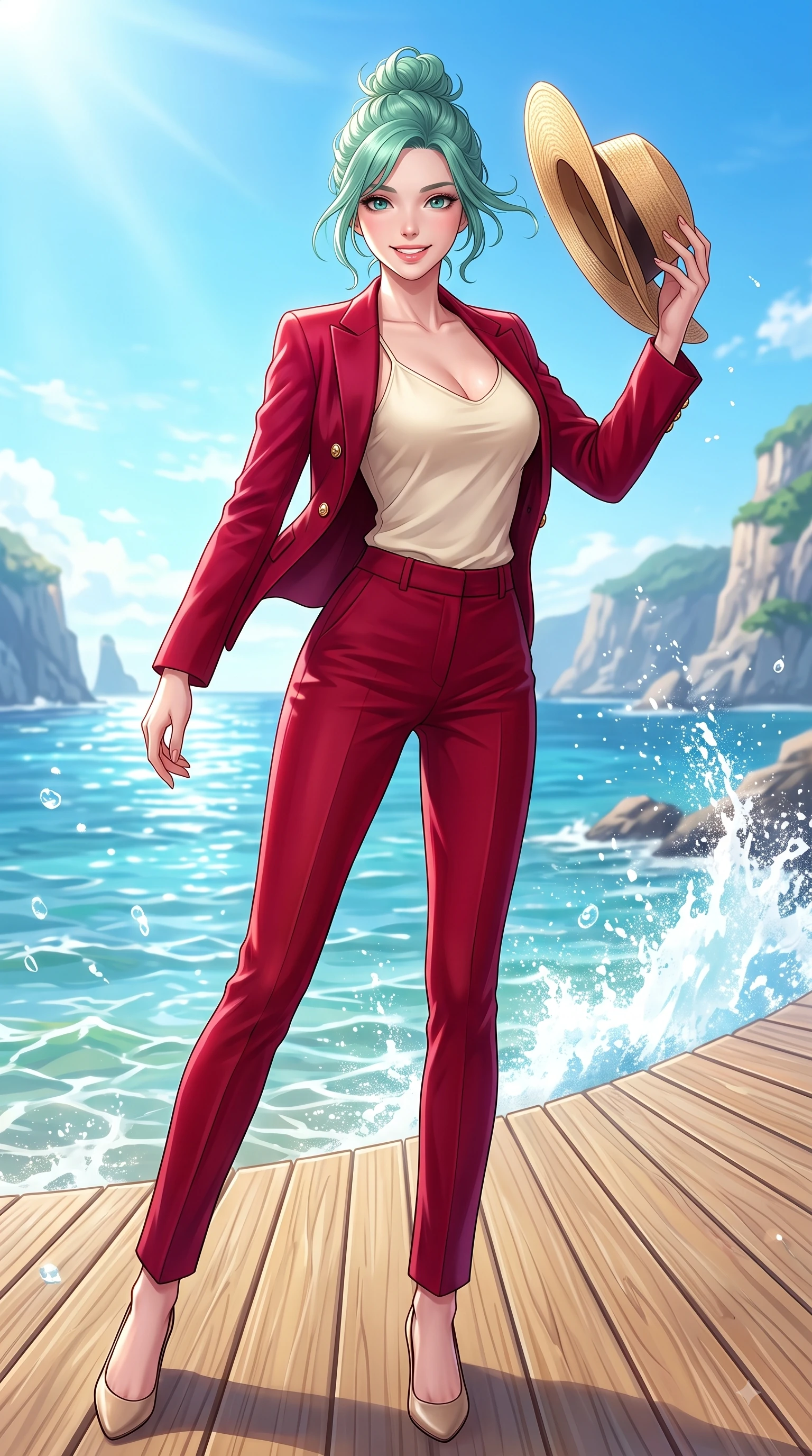 score_9, masterpiece, best quality, ultra-detailed, high-budget anime keyframe, editorial fashion photography, tasteful artistic composition, Japanese woman. low angle full-body shot from head to toe showing her feet, filling the entire 9:16 vertical frame with her statuesque presence, stretching her vertical silhouette. pivoting dynamically with a fresh infectious smile, her ultra-slim waist creating a sweeping fluid curve while holding her straw hat lightly against the fresh sea breeze while smiling at the camera. The surrounding environment is rendered in vivid detail and crisp panoramic clarity. glistening ocean water refractions and coastal scenery rendered with sharp environmental detail. She has an absolutely perfect, statuesque 8.5-heads proportion, an exceptionally tall and slender model-like female figure with impossibly long slender legs and an ultra-slim waist. sharp v-shaped jawline, high-bridge nose, intricate jewel-like eyes with depth, thick eyelashes, glossy lips with a natural sheen, flawlessly proportioned anatomical accuracy, natural body alignment, perfectly sculpted elegant limbs, clean dynamic posture without body distortion. wearing a tailored cream silk blazer over a fitted scoop-neck camisole and slacks in vivid crimson red and champagne cream, tailored from fine wool crepe with clean lines, adorned with delicate gold buttons along the front, the sleek second-skin texture accentuating her magnetic presence. bathed in bright tropical sunshine and glittering ocean water refractions. highly saturated vibrant anime colors, detailed shading with soft gradients, rich glossy textures, high-contrast stereoscopic depth, volumetric dynamic lighting, master piece, 9:16 ratio