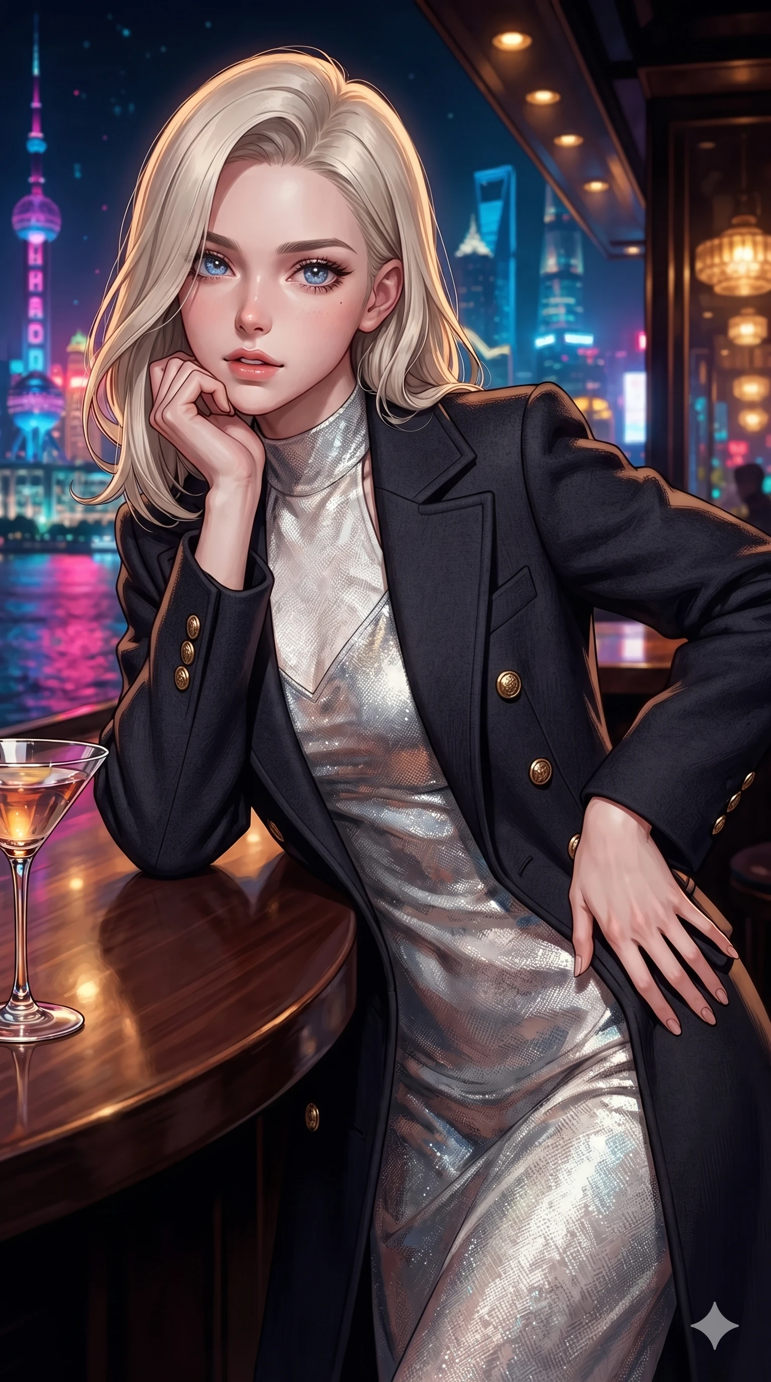 score_9, masterpiece, best quality, ultra-detailed, high-budget anime keyframe, editorial fashion photography, tasteful artistic composition, Caucasian woman. close-up cowboy shot from the waist and thighs up, the character dominates the composition, filling the frame with her large presence. resting one elbow on the table and supporting her chin, leaning close to the camera with heavy-lidded sparkling eyes and parted lips while arching her spine backward with effortless dancer poise, one hand sliding along her hip line as vibrant Pudong neon neon washes across her silhouette. The surrounding environment is rendered in vivid detail and crisp panoramic clarity: rich high-contrast Shanghai modern noir chiaroscuro and ultra-luxury Oriental grand touring aesthetics in precision. She has an exceptionally elegant, slender, and willowy female figure with an ultra-slim waist, flat toned midriff, narrow ribcage, and sculpted feminine hips creating an alluring, slim hourglass silhouette without bulk. sharp v-shaped jawline, high-bridge nose, intricate jewel-like sparkling eyes with depth, thick eyelashes, glossy parted lips with a natural sheen, intensely captivating and seductive bedroom-eyes expression, exuding both youthful cute charm and sovereign luxury allure, flawlessly proportioned anatomical accuracy, strict slender model proportions, natural body alignment, perfectly sculpted long slender limbs, ultra-slim waistline, clean dynamic posture without body distortion. wearing a structured Belle Époque cashmere opera greatcoat with polished brass crest buttons layered over a high-neck slip in shimmering silver mercury and pearl white, tailored from heavy double-faced silk georgette with an exceptionally fluid drape, complemented by strappy stiletto sandals with metallic ankle wraps accentuating her slender calves, the bespoke structured tailoring following the natural line of her 8.5-heads silhouette with refined elegance. bathed in vibrant magenta and electric cyan river skyline reflections contrasting with warm amber interior downlights. ultra-reflective glossy finish, specular highlights, rich textural contrasts, high-contrast stereoscopic depth, volumetric dynamic lighting, 2k, ultra detail, master piece, 9:16 ratio