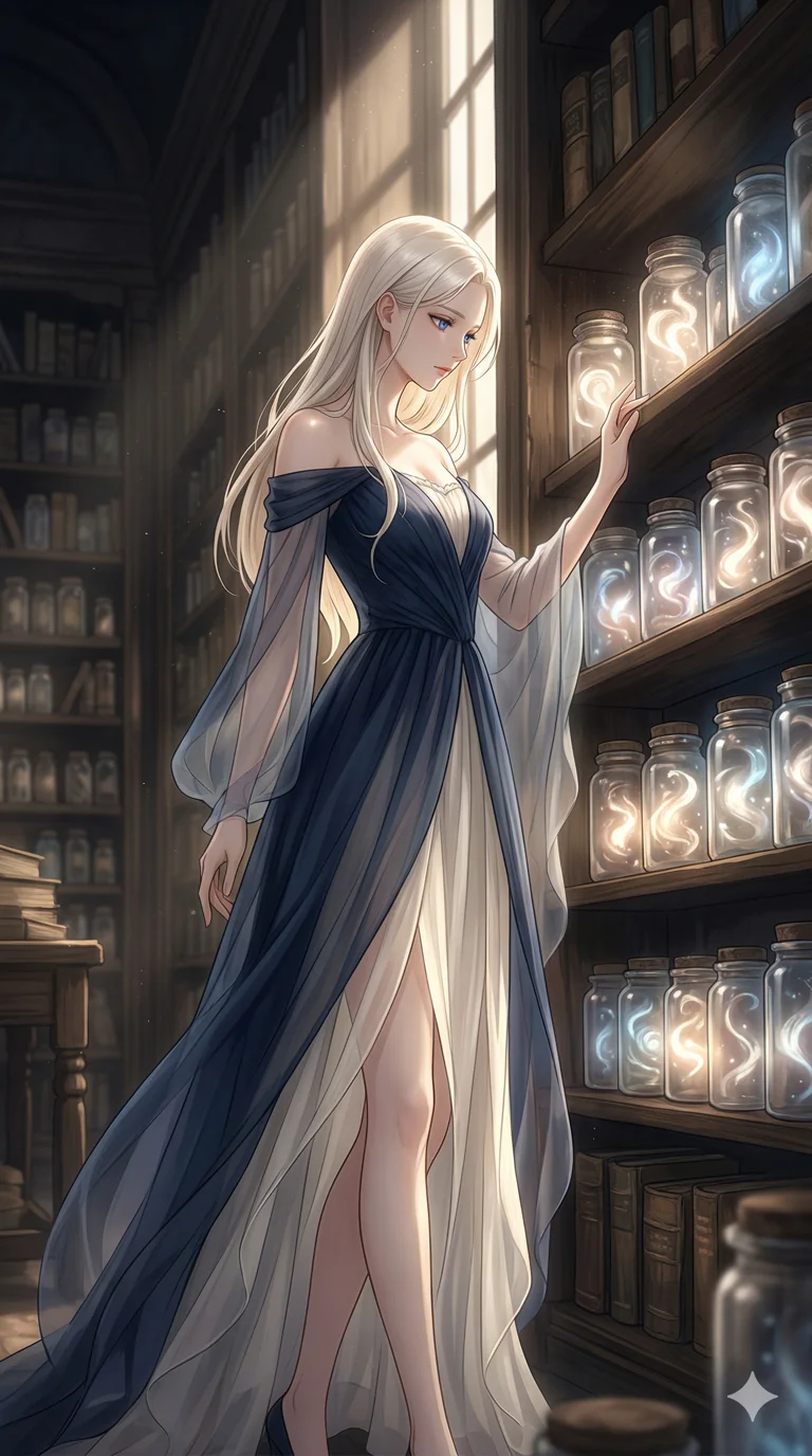 score_9, masterpiece, best quality, ultra-detailed, semi-realistic high-budget anime keyframe, an incredibly beautiful ethereal Caucasian woman with flawless pale skin (strictly human ears). Dynamic full-body shot stretching vertically. She is a librarian of lost voices, surrounded by jars of glowing whispers. She has an absolutely perfect 8-heads proportion, a towering female figure with long slender legs and a delicate skinny body. Her face is a masterpiece with platinum blonde hair and sapphire eyes. She is wearing an off-shoulder sheer fabric dress, highlighting her alluring silhouette. Dusty library with beams of sunlight, dramatic rim lighting, radiant glowing skin, 2k, ultra detail, master piece, 9:16 ratio