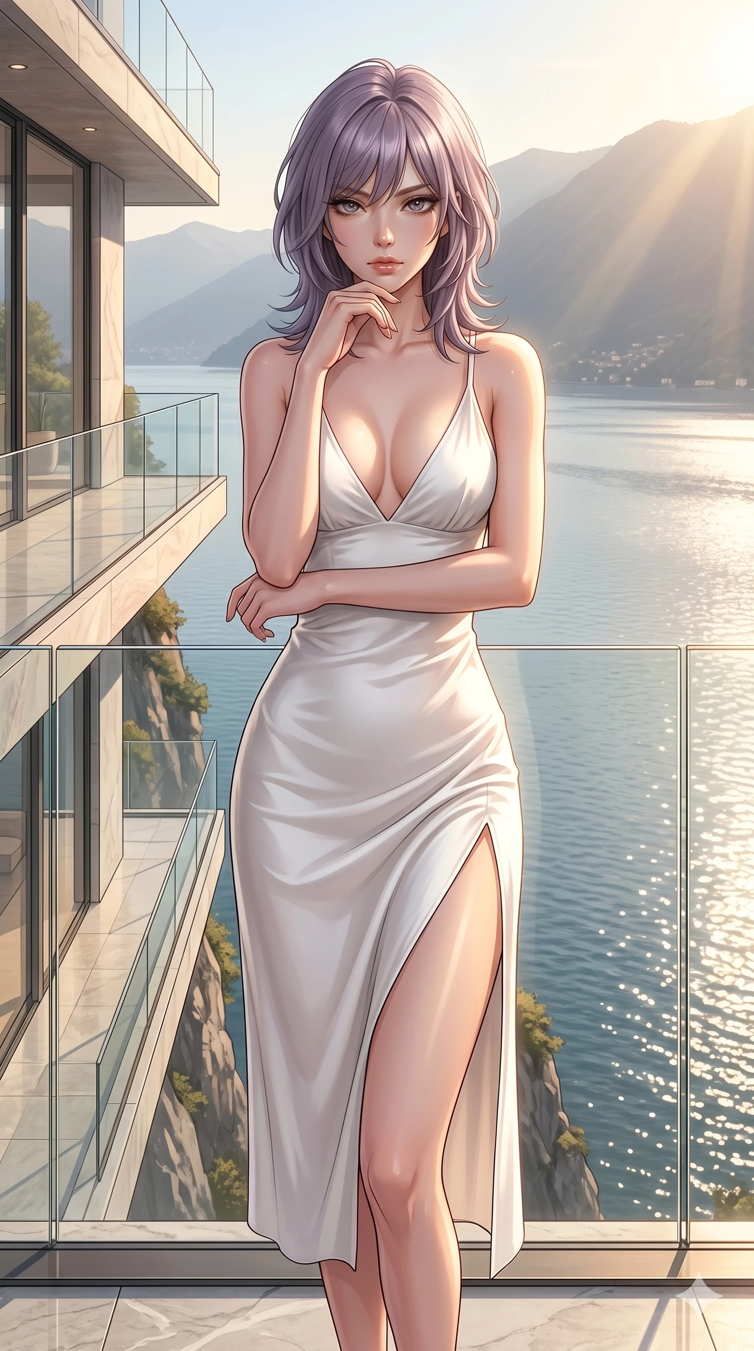 score_9, masterpiece, best quality, ultra-detailed, high-budget anime keyframe, editorial fashion photography, tasteful artistic composition, Japanese woman. cowboy shot from the thighs up, character and outfit filling the frame for maximum editorial presence. resting her chin on her fingers, looking directly into the lens with a piercing, mysterious gaze on a private viewing balcony of a modern architectural home built on a cliffside over a lake (Code-P028). She has an absolutely perfect 8-heads proportion, an exceptionally tall and slender female figure with impossibly long slender legs and an ultra-slim waist. V-shaped jawline, high-bridge nose, intricate jewel-like eyes with depth, thick eyelashes, glossy lips with a natural sheen. wearing a pristine white silk slip dress with a plunging V-neckline and a high side slit to mid-thigh. drenched in brilliant afternoon sunshine, casting warm rays that trace the curves of her athletic figure. 2k, ultra detail, master piece, 9:16 ratio