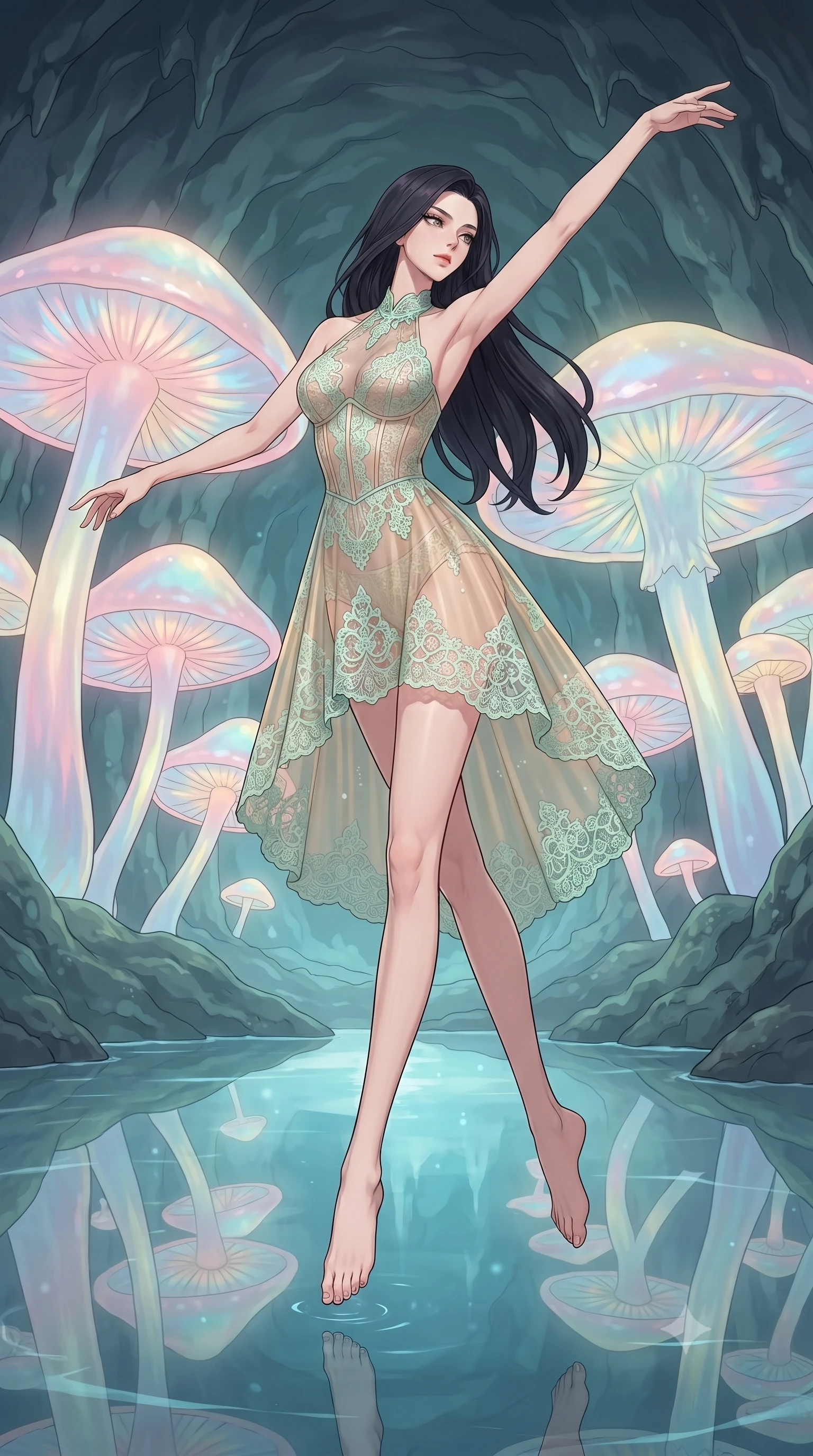 score_9, masterpiece, best quality, ultra-detailed, high-budget anime keyframe, gorgeous anime illustration, artistic 2d flat cel-shaded style, Korean woman. low angle full-body shot from head to toe showing her feet, filling the entire 9:16 vertical frame with her statuesque presence, stretching her vertical silhouette. pirouetting mid-air inside inside a damp cave filled with giant opaline mushrooms that glow with a shifting pearlescent luster, reflecting in a perfectly still underground pool. She has a statuesque 8.5-heads proportion, an exceptionally tall, slender and willowy model-like build with impossibly long legs and a highly sculpted ultra-slim waist. sharp v-shaped jawline, high-bridge nose, intricate jewel-like eyes with depth, thick eyelashes, glossy lips with a natural sheen. wearing a semi-transparent halter dress in champagne gold, featuring a mint green lace overlay and visible corset. soft shifting pearlescent glow (pink, blue, yellow) from the fungi, casting gentle diffused light from below. 2k, ultra detail, master piece, 9:16 ratio, vibrant anime color palette, flat color shading, 2d animation style