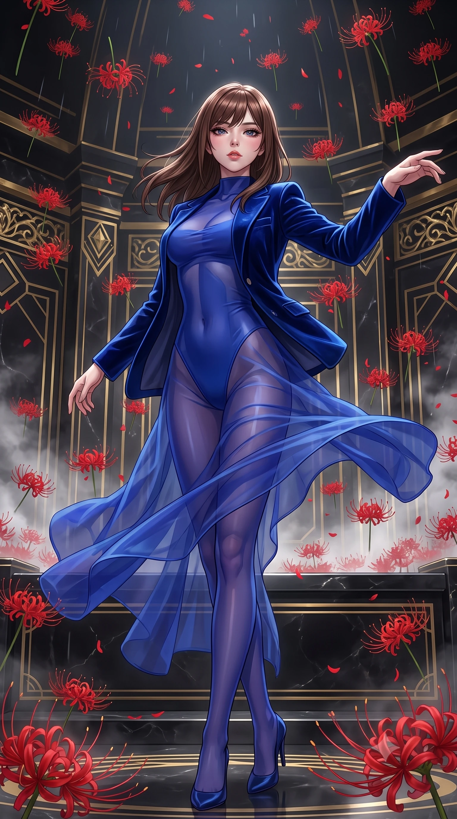 score_9, masterpiece, best quality, ultra-detailed, High-budget Anime Keyframe, East Asian woman. Low angle cowboy shot filling the entire 9:16 frame with her statuesque presence. Scenario 418: dancing amidst falling red spider lilies inside a steam-filled bathhouse built of black obsidian stone and gold accents. Her presence is magnetic and overpowering in this high-budget anime scene. Outfit 418: a body-hugging cobalt blue sheer organza bodysuit layered under a structured velvet blazer. The clothing is designed to emphasize her exceptionally tall and slender 8-heads proportion. 8-heads proportion, towering silhouette, ultra-slim waist. sharp v-shaped jawline, intricate jewel-like eyes with depth, thick eyelashes, glossy lips. 2k, ultra detail, master piece, 9:16 ratio