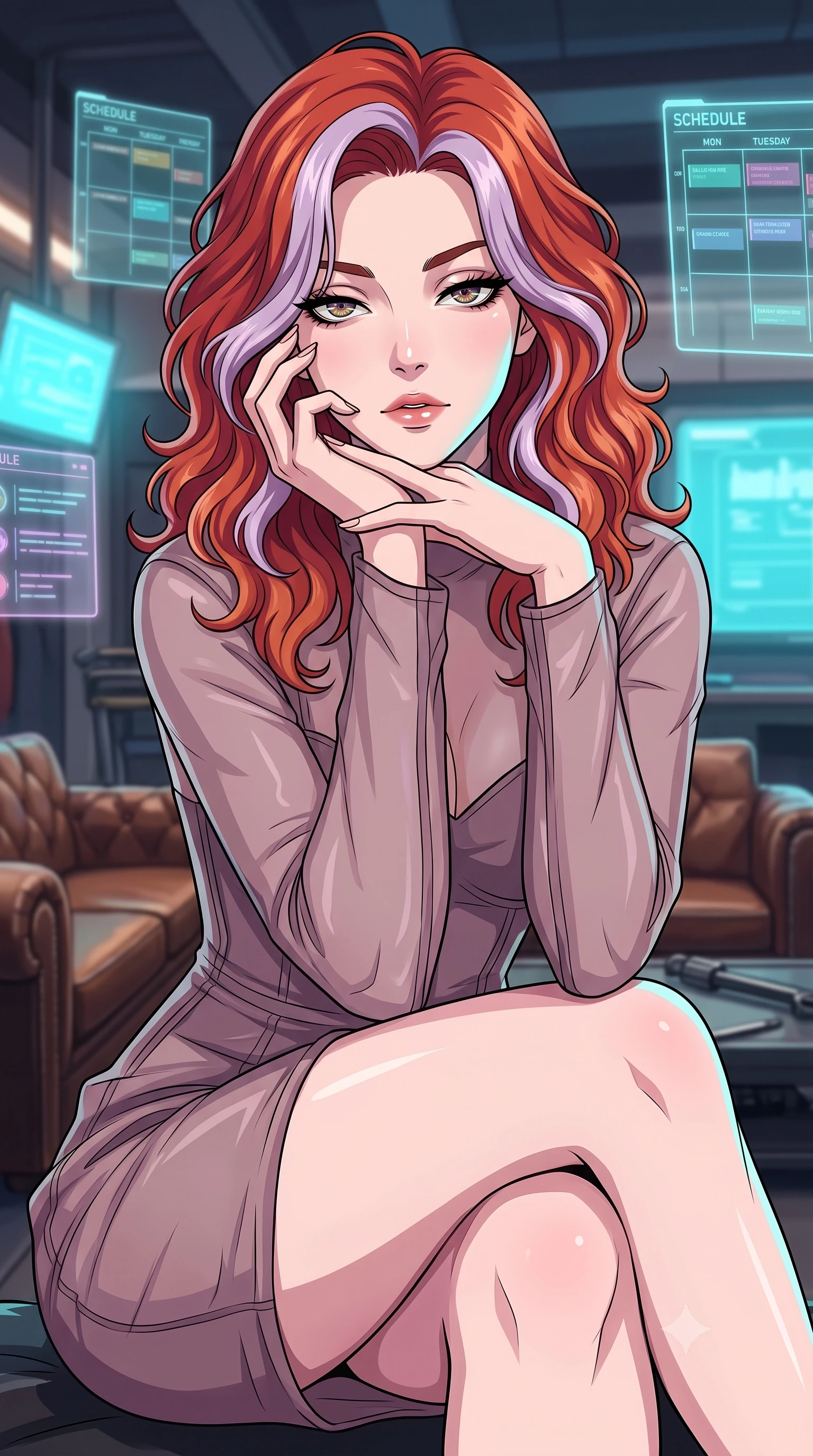 score_9, masterpiece, best quality, ultra-detailed, high-budget anime keyframe, tasteful artistic composition, Caucasian woman. close-up cowboy shot from the waist and thighs up, the character dominates the composition, filling the frame with her large presence, background elements kept in soft focus. resting her chin on the backs of her fingers, casting a heavy-lidded, sultry look past the camera the background shows a soft-focus a cyber-garage lounge with leather sofas, carbon tools, and glowing schedules. She has an exceptionally elegant, slender, and willowy female figure with an ultra-slim waist, a gracefully sculpted slender torso, and a refined silhouette. sharp v-shaped jawline, high-bridge nose, intricate jewel-like eyes with depth, thick eyelashes, glossy lips with a natural sheen. wearing a tailored sheer organza dress in dusty mauve, showing her slender torso and willowy silhouette. soft cyan glow radiating from the screens onto her sharp jawline. highly saturated vibrant anime colors, cel-shading, 2d style, master piece, 9:16 ratio