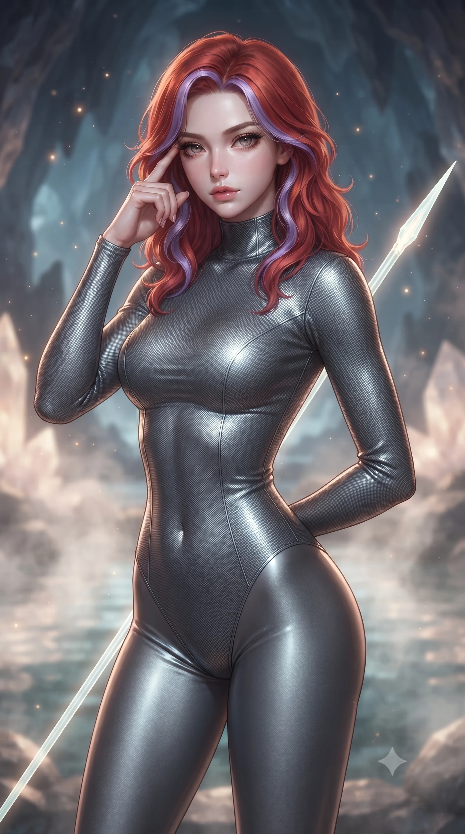score_9, masterpiece, best quality, ultra-detailed, high-budget anime keyframe, editorial fashion photography, tasteful artistic composition, Caucasian woman. close-up cowboy shot from the waist and thighs up, the character dominates the composition, filling the frame with her large presence, background elements kept in soft focus. pressing two fingers to her temple while holding a light-spear diagonally behind her in a composed thoughtful gesture, the background shows a soft-focus a cave hot spring inside a crystal cavern, with mineral steam rising. She has an exceptionally elegant, slender, and willowy female figure with an ultra-slim waist, a gracefully sculpted slender torso, and a refined silhouette. sharp v-shaped jawline, high-bridge nose, intricate jewel-like eyes with depth, thick eyelashes, glossy lips with a natural sheen. wearing a tailored form-fitting dark grey nano-mesh bodysuit with a high-neck collar, tracing her slender waist and hips. soft morning mist diffusing the warm starlight, creating a tranquil atmosphere. ultra-reflective glossy finish, specular highlights, metallic sheen, high-contrast stereoscopic depth, volumetric dynamic lighting, 2k, ultra detail, master piece, 9:16 ratio