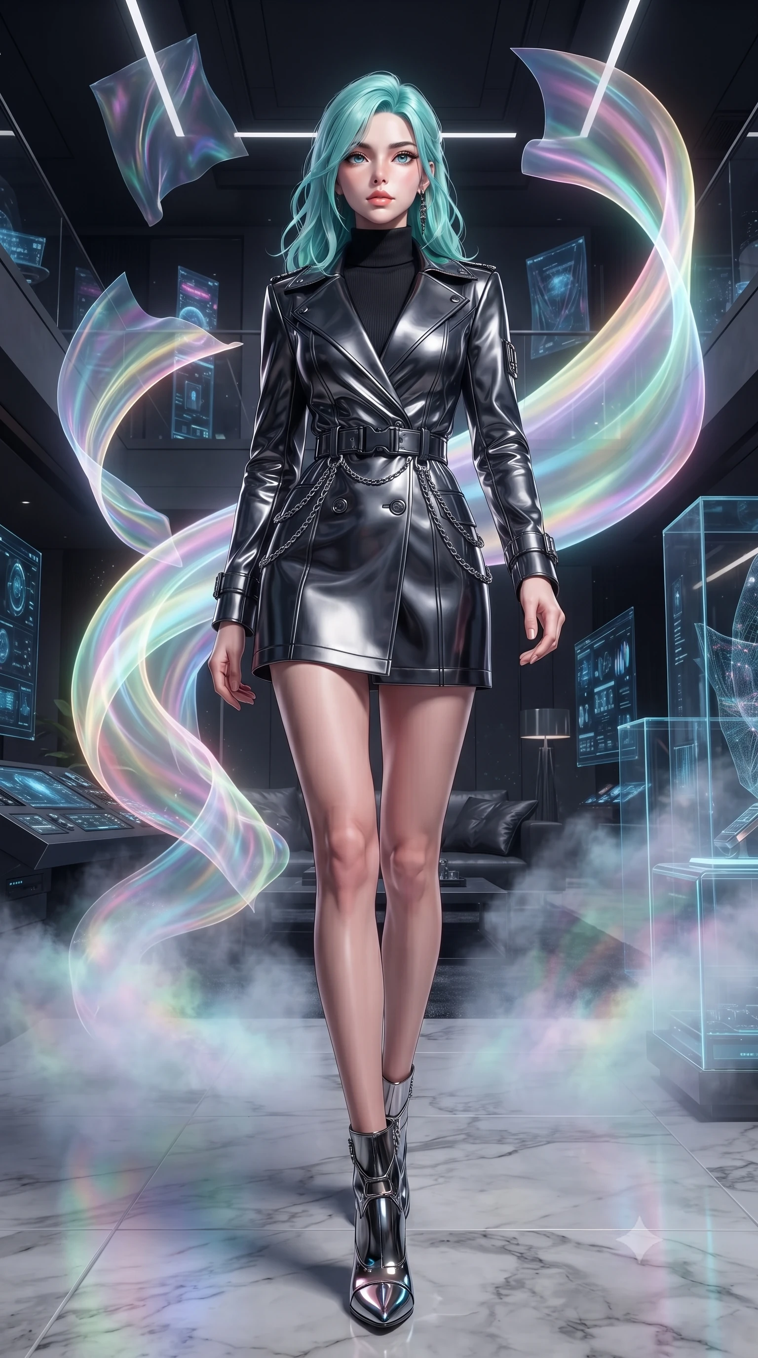 score_9, masterpiece, best quality, ultra-detailed, high-budget anime keyframe, editorial fashion photography, tasteful artistic composition, Japanese woman. low angle full-body shot from head to toe showing her feet, filling the entire 9:16 vertical frame with her statuesque presence, stretching her vertical silhouette. forging confidently through the floating mist, holding a poised statuesque stance, standing in a high-tech apartment filled with floating holographic silk tapestries, holographic silk tapestries projecting vibrant pastel light arcs around her. She has an absolutely perfect, statuesque 8.5-heads proportion, an exceptionally tall and slender model-like female figure with impossibly long slender legs and an ultra-slim waist. sharp v-shaped jawline, high-bridge nose, intricate jewel-like eyes with depth, thick eyelashes, glossy lips with a natural sheen. wearing structured charcoal trench dress over sleek turtleneck in pitch-black onyx, made of sculpted obsidian metallic chrome, framed by dark titanium buckles and silver chain details, highlighting her statuesque proportions and ultra-slim waistline. lit by intense digital key light piercing through deep cyber shadows. highly saturated vibrant anime colors, detailed shading with soft gradients, rich glossy textures, high-contrast stereoscopic depth, volumetric dynamic lighting, master piece, 9:16 ratio