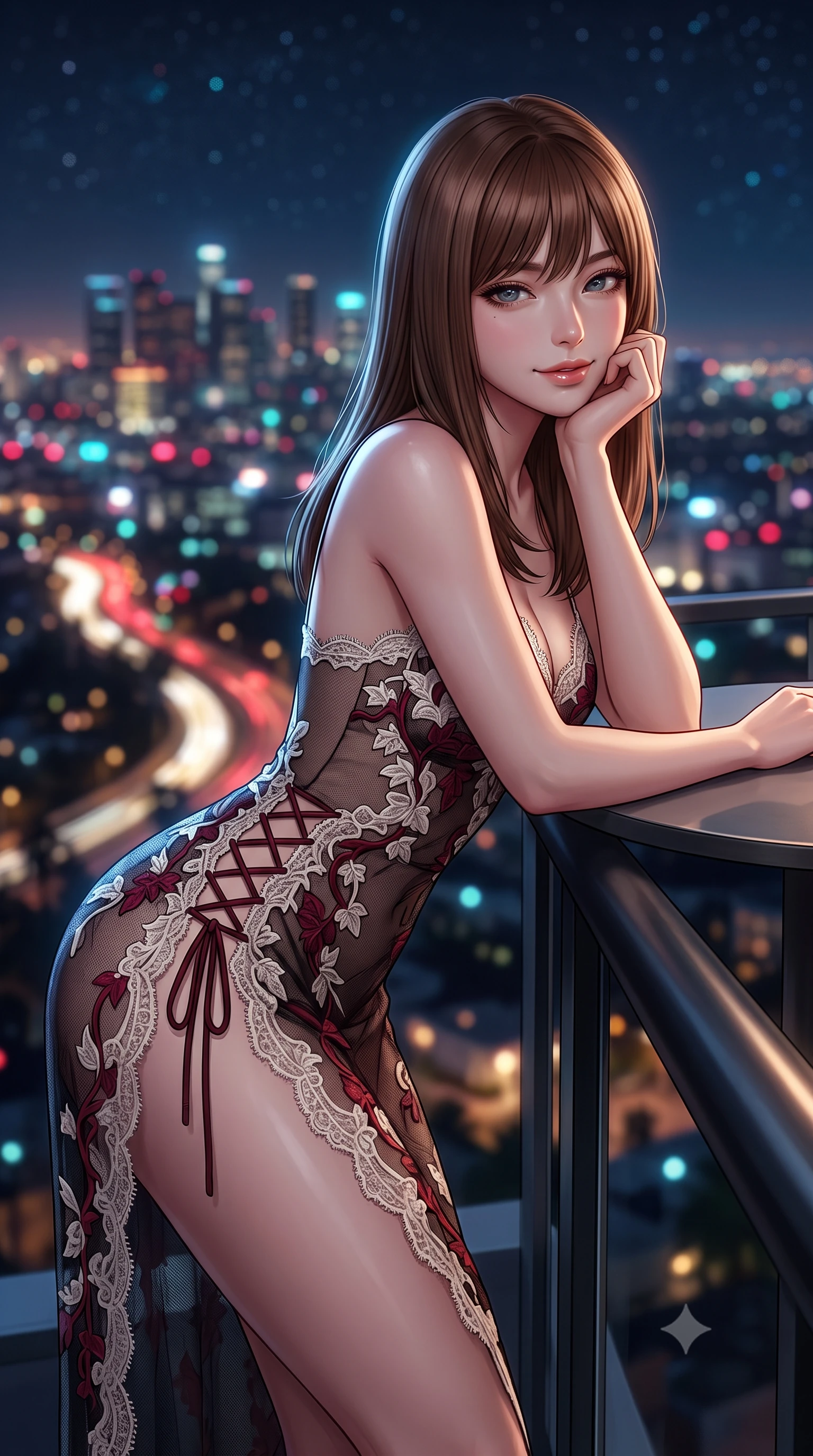 score_9, masterpiece, best quality, ultra-detailed, high-budget anime keyframe, semi-realistic 3D game render, editorial fashion photography, tasteful artistic composition, Korean woman. close-up cowboy shot from the waist and thighs up, the character dominates the composition, filling the frame with her large presence. resting one elbow on the table and supporting her chin, leaning close to the camera with heavy-lidded sparkling eyes and parted lips while leaning against the sleek blackened titanium balustrade with hips cocked back, casting an alluring bedroom-gaze over the pulsing metropolis. The background shows a soft-focus sweeping panorama of Los Angeles from Downtown skyscrapers to the Pacific coast, winding canyon highway headlights, and starry sky blurred into ruby, cyan, and gold bokeh. She has an exceptionally elegant, slender, and willowy female figure with an ultra-slim waist, flat toned midriff, narrow ribcage, and sculpted feminine hips creating an alluring, slim hourglass silhouette without bulk. sharp v-shaped jawline, high-bridge nose, intricate jewel-like sparkling eyes with depth, thick eyelashes, glossy parted lips with a natural peach sheen, bright cheerful beaming smile with an enchanting and coquettish sensual glint, exuding both youthful cute charm and seductive allure, flawlessly proportioned anatomical accuracy, strict slender model proportions, natural body alignment, perfectly sculpted long slender limbs, ultra-slim waistline, clean dynamic posture without body distortion. wearing a provocative sheer noir illusion mesh cocktail dress with embroidered climbing ivy ribbons contouring her curves in Belvedere ivory pearl and Habsburg bordeaux wine, made of delicate semi-sheer French Chantilly lace with intricate eyelash edges, featuring fine criss-cross lace-up side ties revealing tantalizing glimpses of her hip curve, the high-slit wrap tailoring accentuating her ultra-slim waistline and the enchanting curve of her feminine hips with alluring seductive charm. illuminated by city glow upward fill and sharp platinum rim lights sculpting her features, flat midriff, and curvaceous hips. highly saturated vibrant anime colors, detailed shading with soft gradients, rich glossy textures, high-contrast stereoscopic depth, volumetric dynamic lighting, master piece, 9:16 ratio