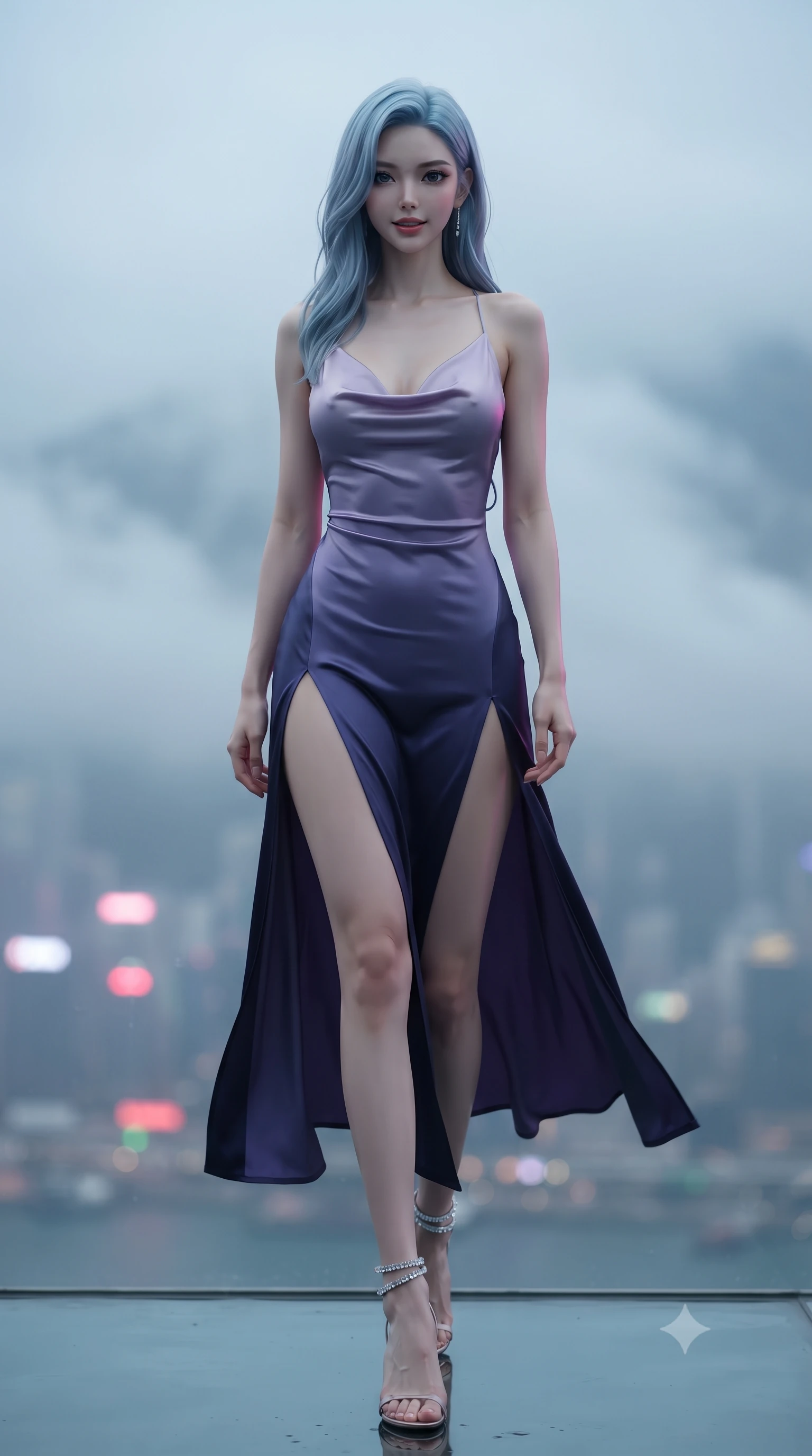 score_9, masterpiece, best quality, ultra-detailed, high-budget anime keyframe, editorial fashion photography, tasteful artistic composition, Korean woman. low angle full-body shot from head to toe showing her feet, filling the entire 9:16 vertical frame with her statuesque presence, stretching her vertical silhouette. stepping slowly toward the camera with hypnotic grace, hips swaying in an alluring sensual rhythm that accentuates her curvy hourglass silhouette and long slender legs while standing tall on the suspended acrylic balcony ninety stories above Victoria Harbour, arching her back with sovereign cyberpunk power. The background shows a soft-focus swirling high-altitude mountain fog softened in cinematic blade-runner shallow focus. She has an absolutely perfect, statuesque 8.5-heads proportion, an exceptionally tall and slender model-like female figure with impossibly long slender legs, an ultra-slim waist, a flat toned midriff, narrow delicate ribcage, and beautifully sculpted feminine hips creating a graceful, slim hourglass silhouette without any bulky heaviness. sharp v-shaped jawline, high-bridge nose, sparkling eyes with hypnotic seductive depth, thick curled eyelashes, glossy parted lips with a natural dewy peach sheen, alluring bedroom-eyes with an enchanting coquettish smile, exuding magnetic siren charisma and sophisticated glamour, flawlessly proportioned anatomical accuracy, strict slender model proportions, natural body alignment, perfectly sculpted long slender limbs, ultra-slim waistline, clean dynamic posture without body distortion. wearing a plunging cowl-neck liquid silk satin slip gown with daring hip-high double slits and delicate back ties in twilight lavender and midnight indigo, made of semi-opaque stretch illusion mesh with soft shadowy contours, complemented by strappy stiletto sandals with crystal ankle wraps accentuating her slender calves, the liquid-tight tailored fabric clinging flawlessly to her narrow waist and rounded feminine hips, emphasizing every millimeter of her sculpted slim hourglass curves without any bulky heaviness. illuminated by wet terrace specular reflections and sharp emerald-magenta rim lights sculpting her razor-sharp jawline, narrow waist, and curvy hips. ultra-reflective glossy finish, specular highlights, rich textural contrasts, high-contrast stereoscopic depth, volumetric dynamic lighting, 2k, ultra detail, master piece, 9:16 ratio
