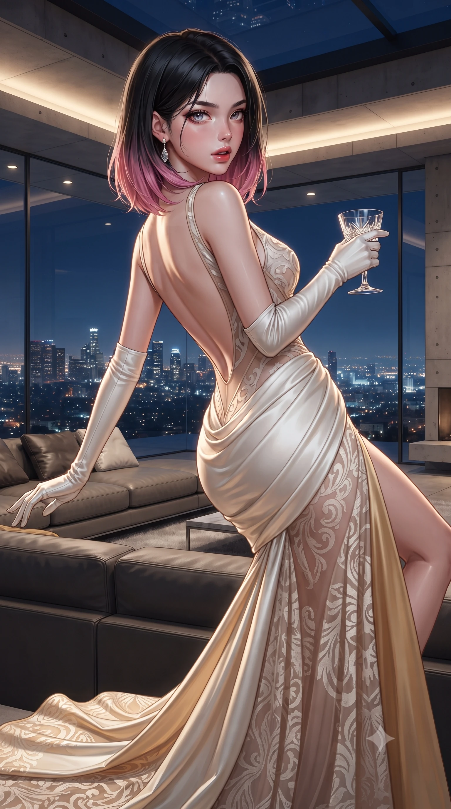 score_9, masterpiece, best quality, ultra-detailed, high-budget anime keyframe, editorial fashion photography, tasteful artistic composition, Korean woman. close-up cowboy shot from the waist and thighs up, the character dominates the composition, filling the frame with her large presence. arching her spine backward with effortless dancer poise, one hand sliding along her hip line as directional light carves specular highlights along her silhouette while lounging in the iconic angular concrete sunken living room, arching her back as the glittering Los Angeles city lights spread endlessly beyond frameless glass. The surrounding environment is rendered in vivid detail and crisp panoramic clarity. sharp architectural concrete board formwork seams, frameless glass wall edges, and leather upholstery stitching in deep focus. She has an exceptionally elegant, slender, and willowy female figure with an ultra-slim waist, flat toned midriff, narrow ribcage, and sculpted feminine hips creating an alluring, slim hourglass silhouette without bulk. sharp v-shaped jawline, high-bridge nose, intricate jewel-like eyes with depth, thick eyelashes, glossy parted lips with a natural sheen, intensely captivating and seductive bedroom-eyes expression, flawlessly proportioned anatomical accuracy, strict slender model proportions, natural body alignment, perfectly sculpted long slender limbs, ultra-slim waistline, clean dynamic posture without body distortion. wearing an open-back duchess satin gala gown with a dramatic hip-hugging drape and cascading trailing hem in pure alabaster white and sun-kissed gold, made of sheer contouring power-mesh with velvet flocking patterns, accessorized with opera-length satin gloves and a vintage crystal glass, the dramatically scooped open back descending to the base of her spine, accentuating her razor-sharp statuesque lines and slim hourglass silhouette. bathed in warm recessed architectural cove lighting contrasting with cool blue night city ambient skylight. ultra-reflective glossy finish, specular highlights, rich textural contrasts, high-contrast stereoscopic depth, volumetric dynamic lighting, 2k, ultra detail, master piece, 9:16 ratio