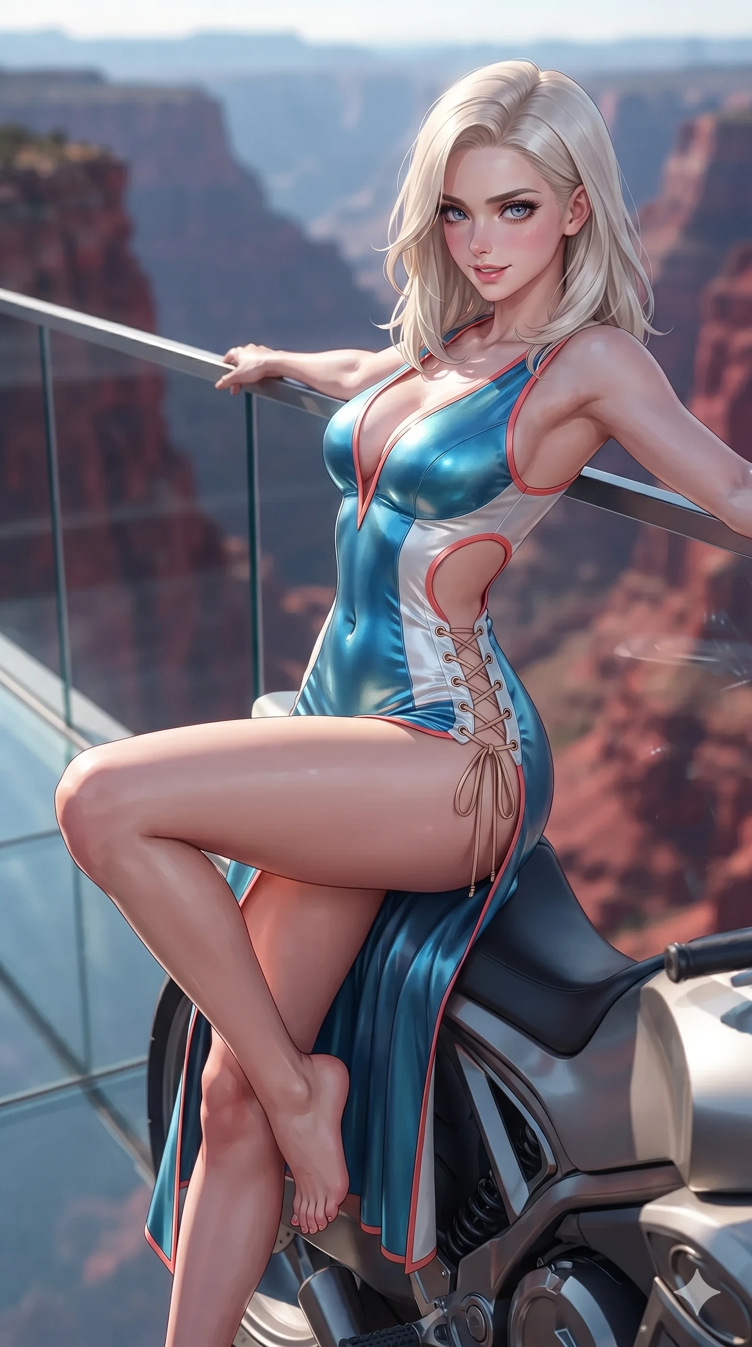 score_9, masterpiece, best quality, ultra-detailed, high-budget anime keyframe, editorial fashion photography, tasteful artistic composition, Caucasian woman. close-up cowboy shot from the waist and thighs up, the character dominates the composition, filling the frame with her large presence. perched sideways on the motorcycle saddle, one knee drawn up to showcase her slender leg line while her arched back accentuates her feminine hip curve while leaning against the seamless structural glass balustrade with hips cocked back, gazing into the vast red canyon abyss with intoxicating bedroom-eyes. The background shows a soft-focus high-altitude canyon chasm softened in glass skywalk promenade shallow focus. She has an exceptionally elegant, slender, and willowy female figure with an ultra-slim waist, flat toned midriff, narrow ribcage, and sculpted feminine hips creating an alluring, slim hourglass silhouette without bulk. sharp v-shaped jawline, high-bridge nose, sparkling eyes with hypnotic seductive depth, thick curled eyelashes, glossy parted lips with a natural dewy peach sheen, alluring bedroom-eyes with an enchanting coquettish smile, exuding magnetic siren charisma and sophisticated glamour, flawlessly proportioned anatomical accuracy, strict slender model proportions, natural body alignment, perfectly sculpted long slender limbs, ultra-slim waistline, clean dynamic posture without body distortion. wearing a liquid metallic lamé one-piece swim dress clinging like a second skin with hip-high side cutouts in Mediterranean cerulean blue and optic white with coral trims, tailored from second-skin technical compression neoprene with athletic curve-sculpting stretch, finished with an ultra-high side slit secured by miniature leather lace-up grommets, the impeccably tailored cut draping gracefully along her slender figure with aristocratic western poise. illuminated by glass floor bounce and sharp gold-cyan rim lights defining her razor-sharp jawline, narrow waist, and curvy hips. ultra-reflective glossy finish, specular highlights, rich textural contrasts, high-contrast stereoscopic depth, volumetric dynamic lighting, 2k, ultra detail, master piece, 9:16 ratio