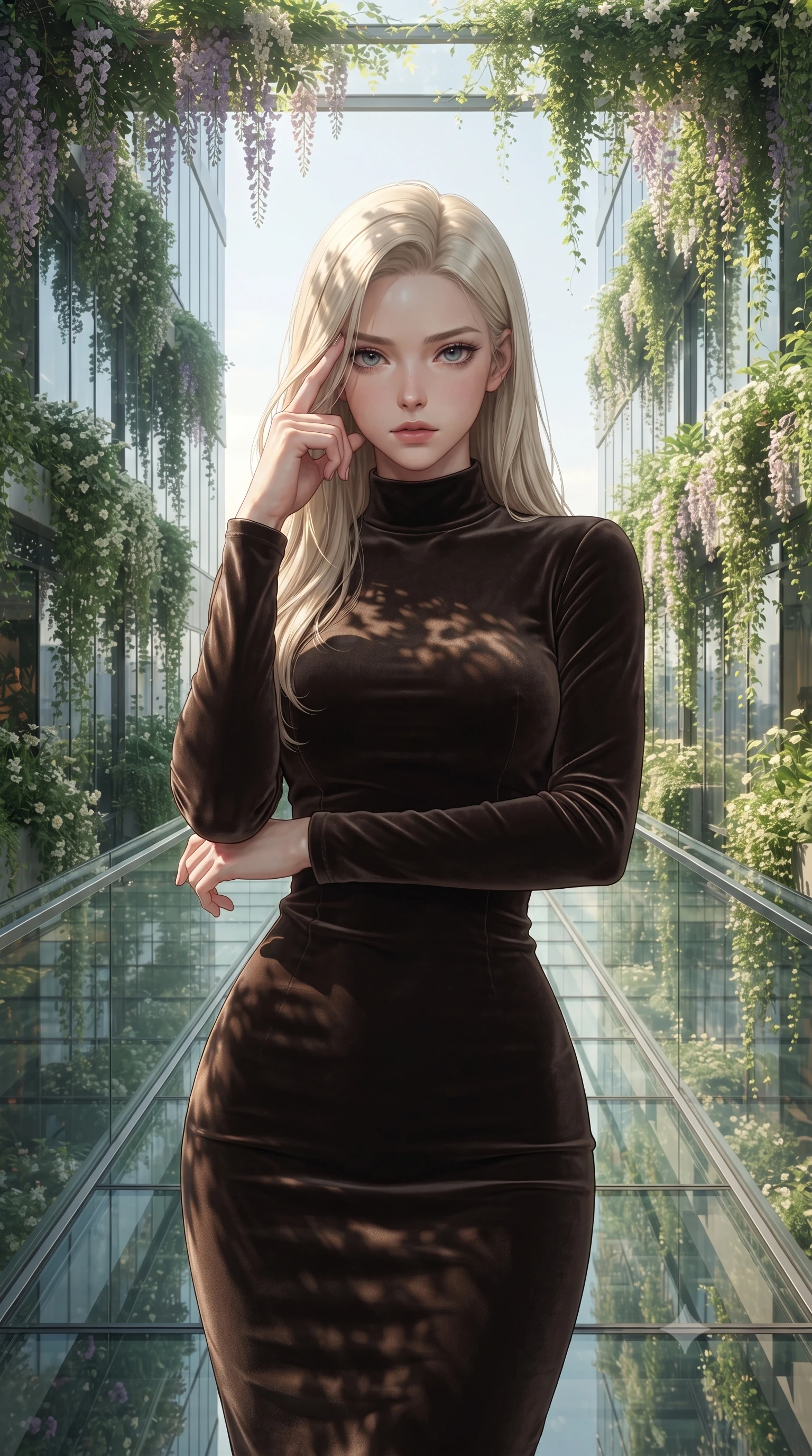score_9, masterpiece, best quality, ultra-detailed, high-budget anime keyframe, editorial fashion photography, tasteful artistic composition, Caucasian woman, strictly human ears. close-up cowboy shot from the waist and thighs up, the character dominates the composition, filling the frame with her large presence, background elements kept in soft focus. Pressing two fingers to her temple in a composed thoughtful gesture. set against a soft-focus background of an elevated glass walkway between two mirror-clad skyscrapers completely covered in cascading vertical gardens with flowering wisteria jasmine and trailing ivy framing the sky corridor. She has an exceptionally elegant and slender, willowy female figure with an ultra-slim waist, a gracefully sculpted slender torso, and a refined slim physique. sharp v-shaped jawline, high-bridge nose, intricate jewel-like eyes with depth, thick eyelashes, glossy lips with a natural sheen. wearing a sleek long-sleeve bodycon dress in a dark espresso brown velvet, featuring an elegant high collar. dappled natural sunlight filtering through the hanging garden canopy creating organic leaf shadows and warm green-filtered light with bright sky visible through gaps. 2k, ultra detail, master piece, 9:16 ratio
