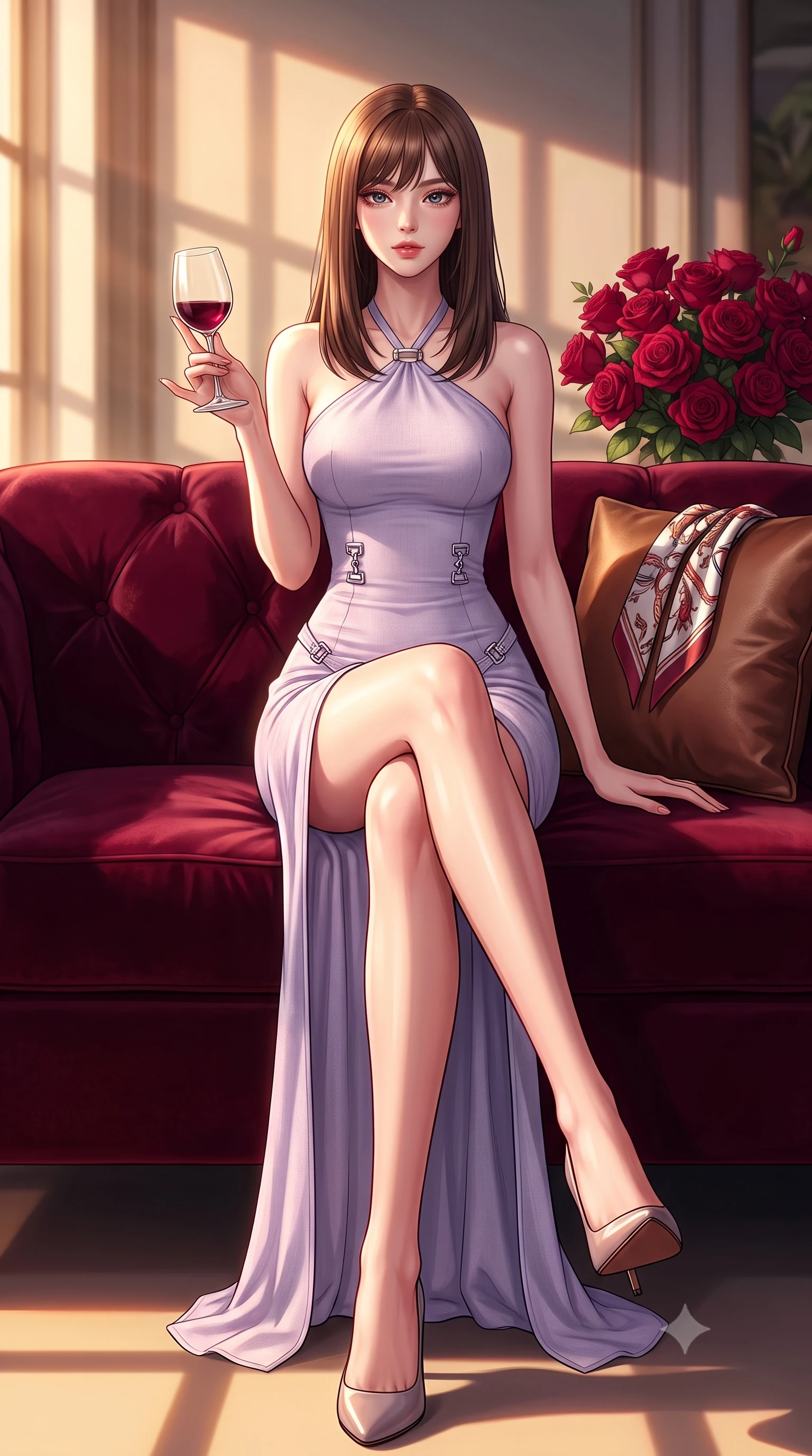 score_9, masterpiece, best quality, ultra-detailed, high-budget anime keyframe, editorial fashion photography, tasteful artistic composition, Korean woman. low angle full-body shot from head to toe showing her feet, filling the entire 9:16 vertical frame with her statuesque presence, stretching her vertical silhouette. sitting on a plush velvet sofa with her long slender legs crossed elegantly, gesturing cutely with a wine glass set against a soft-focus background of inside an exclusive sunroom alcove with a bouquet of crimson roses and a silk scarf resting on the leather seat. She has an absolutely perfect, statuesque 8.5-heads proportion, an exceptionally tall and slender model-like female figure with impossibly long slender legs and an ultra-slim waist. sharp v-shaped jawline, high-bridge nose, intricate jewel-like eyes with depth, thick eyelashes, glossy lips with a natural sheen. wearing slim-fit pale lavender soft linen form-contouring cashmere halter dress tracing her statuesque physique accented with delicate silver hardware. bathed in warm golden hour sunbeams that cast long, romantic shadows across the floor. highly saturated vibrant anime colors, detailed shading with soft gradients, rich glossy textures, high-contrast stereoscopic depth, volumetric dynamic lighting, master piece, 9:16 ratio