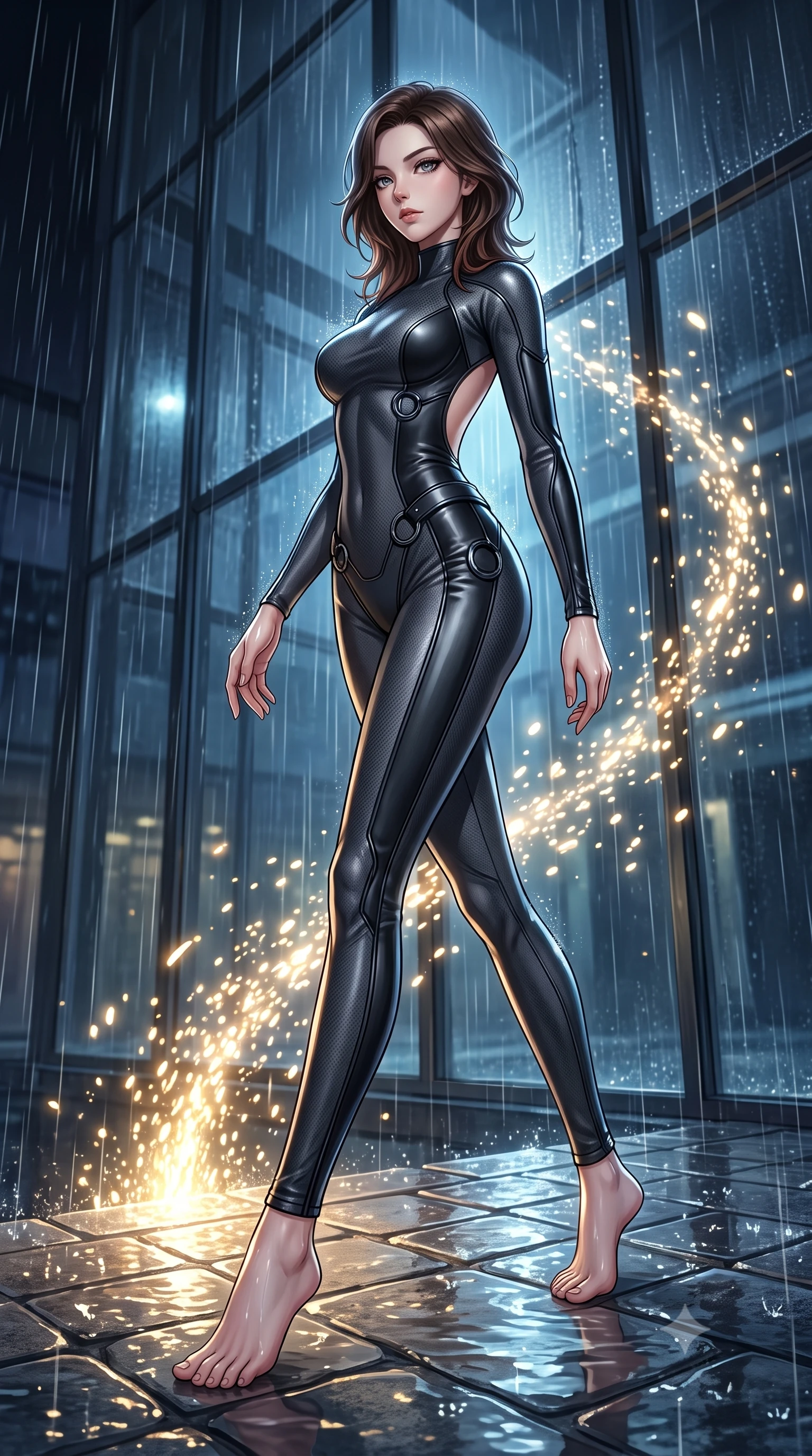 score_9, masterpiece, best quality, ultra-detailed, high-budget anime keyframe, editorial fashion photography, tasteful artistic composition, Korean woman. low angle full-body shot from head to toe showing her feet, filling the entire 9:16 vertical frame with her statuesque presence, stretching her vertical silhouette. interacting with glowing light particles, her long slender legs poised in motion, poised on a wet stone walkway as rain streams down surrounding glass walls, daring open-back outfit revealing her graceful shoulder lines. She has an absolutely perfect, statuesque 8.5-heads proportion, an exceptionally tall and slender model-like female figure with impossibly long slender legs and an ultra-slim waist. sharp v-shaped jawline, high-bridge nose, intricate jewel-like eyes with depth, thick eyelashes, glossy lips with a natural sheen. wearing second-skin matte carbon-fiber combat suit in onyx black in dark charcoal gray, made of polished black leather, trimmed with dark chrome ring hardware along the waist contours, contouring every curve with an exceptionally elegant silhouette. surrounded by a moody nocturnal glow with sharp specular water glints. highly saturated vibrant anime colors, detailed shading with soft gradients, rich glossy textures, high-contrast stereoscopic depth, volumetric dynamic lighting, master piece, 9:16 ratio