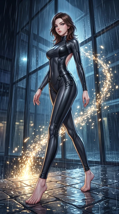 score_9, masterpiece, best quality, ultra-detailed, high-budget anime keyframe, editorial fashion photography, tasteful artistic composition, Korean woman. low angle full-body shot from head to toe showing her feet, filling the entire 9:16 vertical f