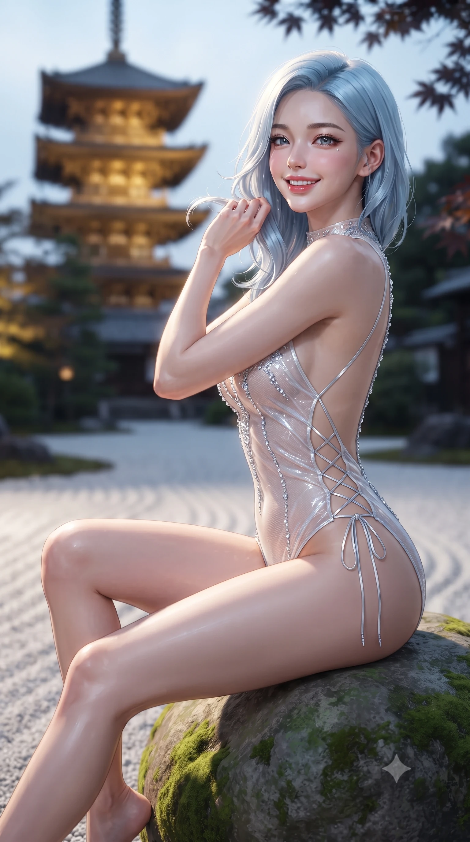 score_9, masterpiece, best quality, ultra-detailed, high-budget anime keyframe, editorial fashion photography, tasteful artistic composition, Korean woman. close-up cowboy shot from the waist and thighs up, the character dominates the composition, filling the frame with her large presence. gently brushing a lock of hair behind her ear while casting a playful, flirtatious side-gaze with long eyelashes while sitting gracefully on the smooth mossy boulder with legs extended, flashing a radiant, flirtatious smile with parted glossy lips. The background shows a soft-focus five-storied wooden Yasaka Pagoda illuminated in golden light, raked white gravel ripples, and dark maple branches blurred into topaz, moss green, and indigo bokeh. She has an exceptionally elegant, slender, and willowy female figure with an ultra-slim waist, flat toned midriff, narrow ribcage, and sculpted feminine hips creating an alluring, slim hourglass silhouette without bulk. sharp v-shaped jawline, high-bridge nose, intricate jewel-like sparkling eyes with depth, thick eyelashes, glossy parted lips with a natural peach sheen, bright cheerful beaming smile with an enchanting and coquettish sensual glint, exuding both youthful cute charm and seductive allure, flawlessly proportioned anatomical accuracy, strict slender model proportions, natural body alignment, perfectly sculpted long slender limbs, ultra-slim waistline, clean dynamic posture without body distortion. wearing an alluring backless sheer illusion mesh leotard with silver crystal flocking tracing her spine in St. Moritz alpine frost white and icy crystal silver, crafted from translucent silk organza with an ethereal crystalline sheen, featuring fine criss-cross lace-up side ties revealing tantalizing glimpses of her hip curve, the form-contouring silhouette accentuating her sculpted flat midriff, narrow delicate ribcage, and gracefully curvy hips with intoxicating allure. illuminated by raked gravel reflection bounce and sharp platinum-gold rim lights sculpting her features, flat midriff, and slender waist. ultra-reflective glossy finish, specular highlights, rich textural contrasts, high-contrast stereoscopic depth, volumetric dynamic lighting, 2k, ultra detail, master piece, 9:16 ratio