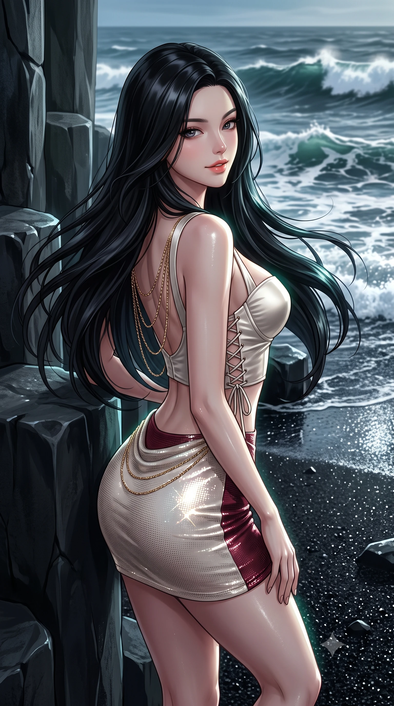 score_9, masterpiece, best quality, ultra-detailed, high-budget anime keyframe, editorial fashion photography, tasteful artistic composition, Korean woman. close-up cowboy shot from the waist and thighs up, the character dominates the composition, filling the frame with her large presence. turning slowly with an enchanting smoldering smile, her glossy hair tossing in the breeze as her hips angle gracefully in a captivating contrapposto while leaning against the smooth geometric basalt rock pillar with hips cocked back, looking out at crashing North Atlantic whitecaps with smoldering bedroom-eyes. The surrounding environment is rendered in vivid detail and crisp panoramic clarity: sharp hexagonal basalt prism edges, fine jet-black volcanic basalt sand granules, and foaming white wave foam crests in deep focus. She has an exceptionally elegant, slender, and willowy female figure with an ultra-slim waist, flat toned midriff, narrow ribcage, and sculpted feminine hips creating an alluring, slim hourglass silhouette without bulk. sharp v-shaped jawline, high-bridge nose, intricate jewel-like sparkling eyes with depth, thick eyelashes, glossy parted lips with a natural peach sheen, bright cheerful beaming smile with an enchanting and coquettish sensual glint, exuding both youthful cute charm and seductive allure, flawlessly proportioned anatomical accuracy, strict slender model proportions, natural body alignment, perfectly sculpted long slender limbs, ultra-slim waistline, clean dynamic posture without body distortion. wearing a sculpted satin underwire crop bustier with lace-up side ties paired with a micro skirt in Belvedere ivory pearl and Habsburg bordeaux wine, crafted from stretch micro-mesh with liquid foil coating that shimmers with every movement, accented with an open-back drape framed by falling strands of delicate gold chains, the liquid-tight tailored fabric clinging flawlessly to her narrow waist and rounded feminine hips, emphasizing every millimeter of her sculpted slim hourglass curves without any bulky heaviness. illuminated by wet black sand reflection sheen and sharp emerald-platinum rim lights defining her dewy collarbones, ultra-slim waist, and curvy hips. ultra-reflective glossy finish, specular highlights, rich textural contrasts, high-contrast stereoscopic depth, volumetric dynamic lighting, 2k, ultra detail, master piece, 9:16 ratio