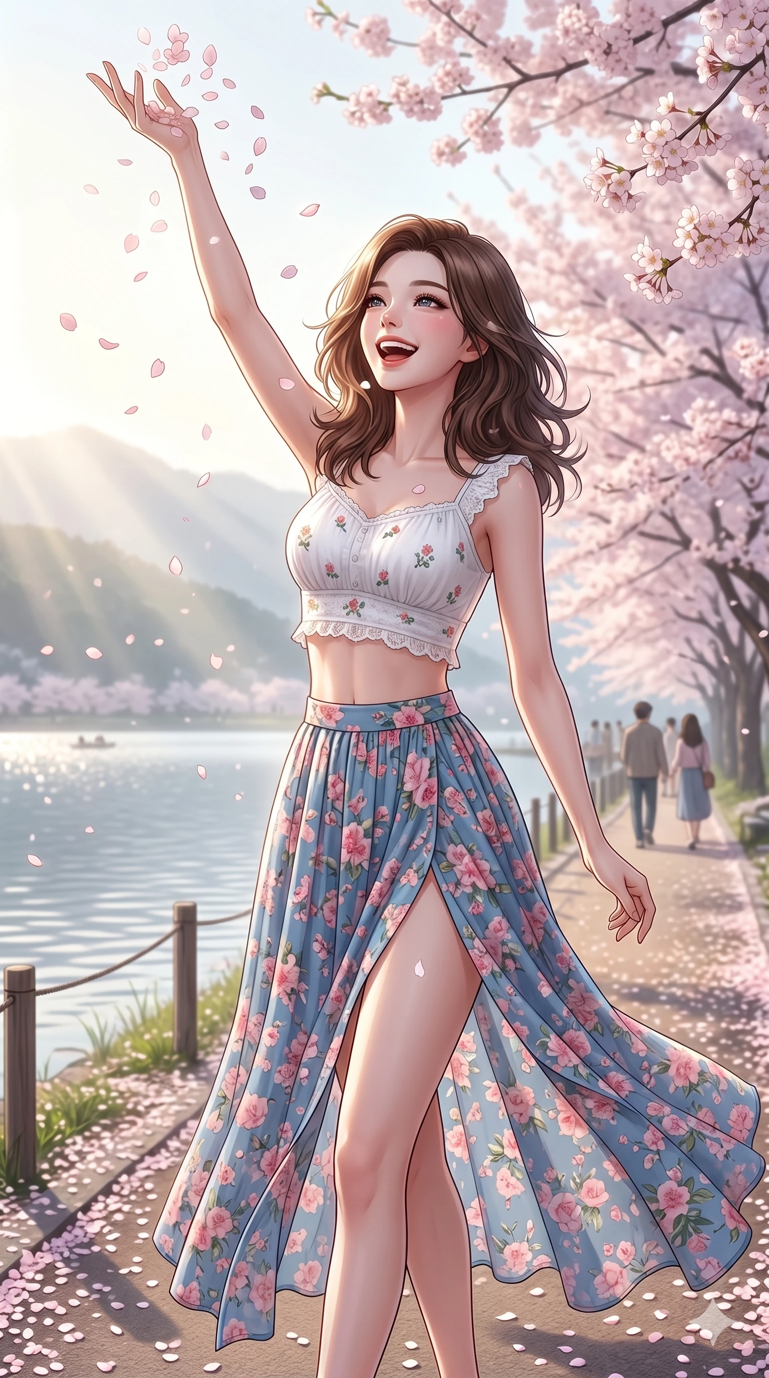 score_9, masterpiece, best quality, ultra-detailed, high-budget anime keyframe, vibrant anime aesthetic, Korean woman. cowboy shot from the thighs up, character and outfit filling the frame for maximum presence. She is tossing a flower petal with a happy laugh, her face glowing with delight by a scenic lakeside promenade in cherry bloom (Code-P20-104). She has an absolutely perfect 8-heads proportion, an exceptionally tall and slender female figure with impossibly long slender legs and an ultra-slim waist. V-shaped jawline, high-bridge nose, intricate jewel-like eyes with depth, thick eyelashes, glossy lips with a natural sheen. wearing a crop top with exposed midriff and high-slit skirt. She is bathed in soft morning sunbeams filtered through the garden mist, creating a serene aura. 2k, ultra detail, master piece, 9:16 ratio
