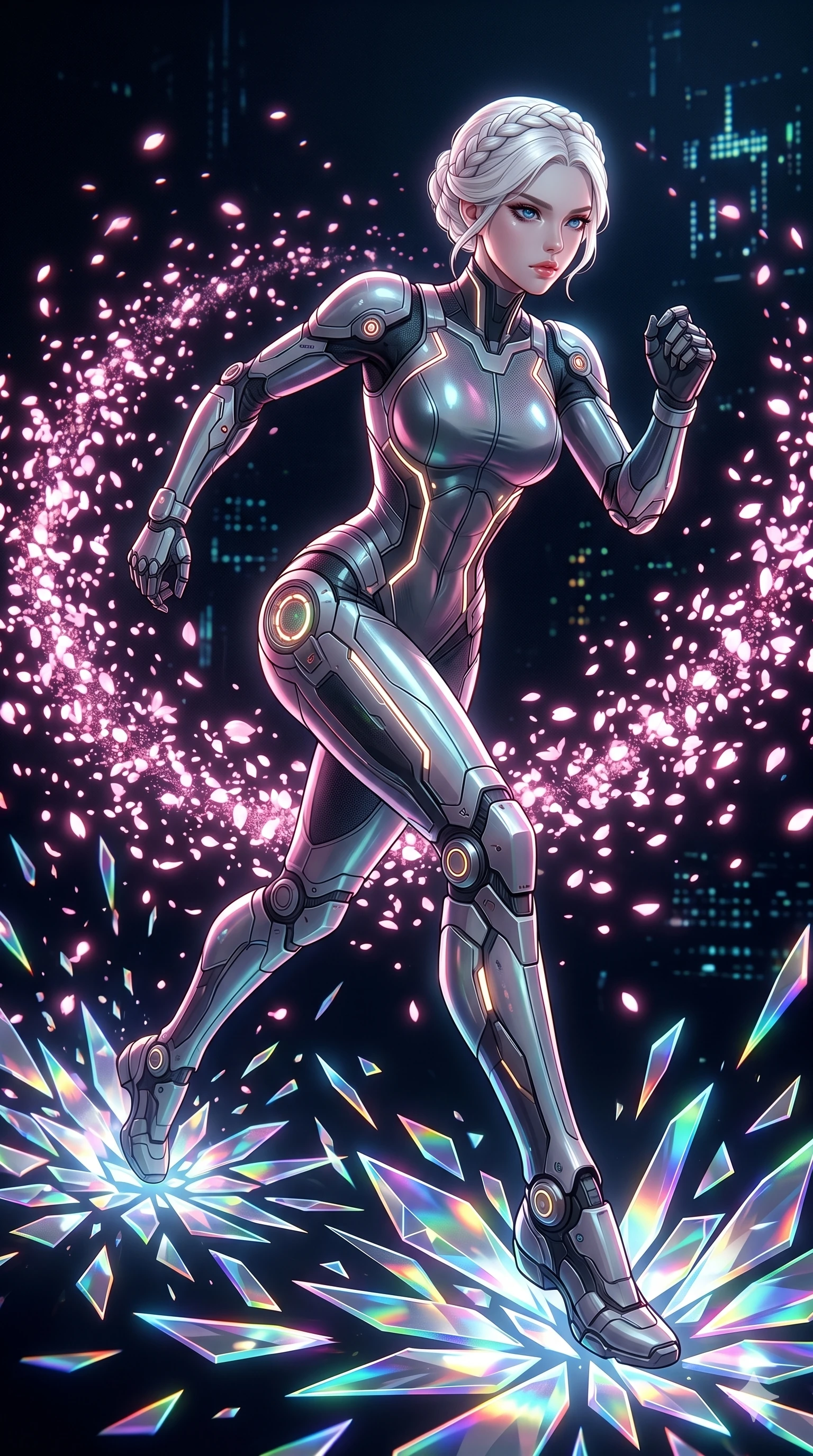 score_9, masterpiece, best quality, ultra-detailed, Set A: High-budget Anime Keyframe, Korean woman. Low angle cowboy shot filling the entire 9:16 frame with her statuesque presence. Sprinting through a virtual reality void, as the ground beneath her turns into 51 shards of light and surrounded by digital sakura petals. She has an absolutely perfect 8-heads proportion, an exceptionally tall and slender female figure with impossibly long slender legs and an ultra-slim waist. Sharp v-shaped jawline, high-bridge nose, intricate jewel-like eyes with depth, thick eyelashes, glossy lips with a natural sheen. Wearing Cybernetic exoskeleton frame over a sleek skin-tight latex suit with glowing ports. Cinematic lighting, vibrant colors, dramatic shadows, 2k, ultra detail, master piece, 9:16 ratio