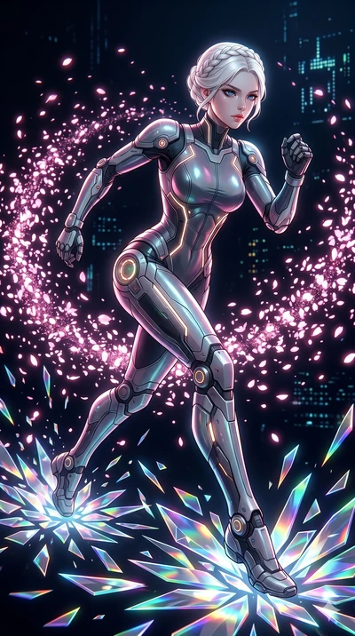 score_9, masterpiece, best quality, ultra-detailed, Set A: High-budget Anime Keyframe, Korean woman. Low angle cowboy shot filling the entire 9:16 frame with her statuesque presence. Sprinting through a virtual reality void, as the ground beneath her