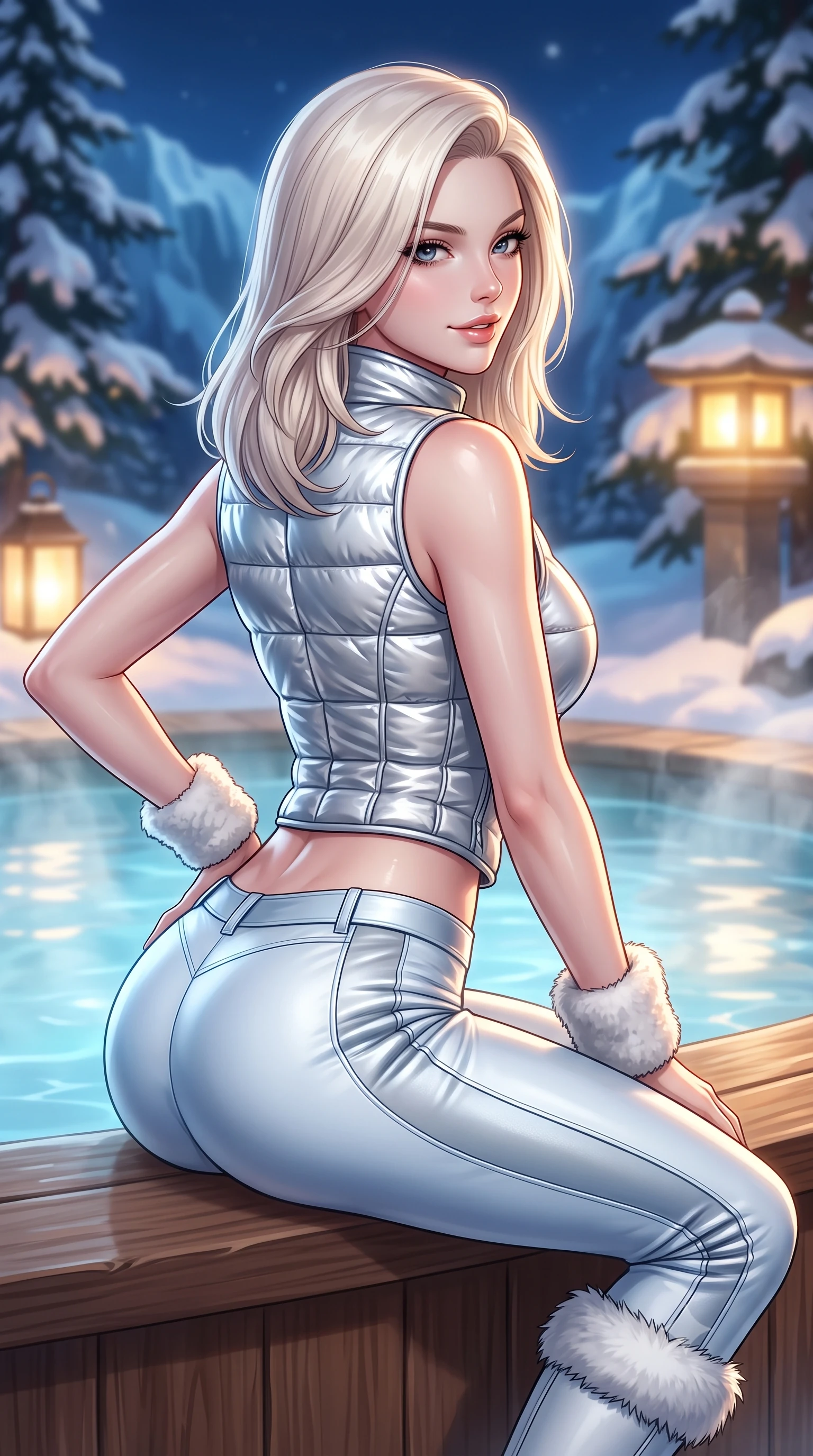 score_9, masterpiece, best quality, ultra-detailed, high-budget anime keyframe, semi-realistic 3D game render, editorial fashion photography, tasteful artistic composition, Caucasian woman. close-up cowboy shot from the waist and thighs up, the character dominates the composition, filling the frame with her large presence. turning over a bare shoulder with an intoxicating, teasing smile, her soft hair framing her sharp jawline as she looks back while sitting on the cedar edge of a steaming outdoor onsen overlooking blue midnight glaciers, one hand resting on her bare hip. The composition keeps background elements in soft focus with creamy bokeh. snow-covered cedar pines and glowing outdoor lanterns softened in dreamy shallow focus. She has an exceptionally elegant, slender, and willowy female figure with an ultra-slim waist, a gracefully sculpted slender torso, toned flat midriff, and a refined slim silhouette. sharp v-shaped jawline, high-bridge nose, intricate jewel-like eyes with depth, thick eyelashes, glossy parted lips with a natural sheen, intensely captivating and seductive expression, flawlessly proportioned anatomical accuracy, strict slender model proportions, natural body alignment, perfectly sculpted long slender limbs, ultra-slim waistline, clean dynamic posture without body distortion. wearing a metallic silver quilted corset puffer vest worn over a snug thermal mock-neck top and sleek ski stirrup pants in ice crystal blue and brushed platinum, tailored from supple white lambskin leather with fur trim accents, complemented by plush shearling wrist warmers and stiletto snow boots, the form-contouring material adhering flawlessly to her sculpted flat midriff and slender torso, emphasizing her long leg lines and perfectly proportioned willowy build. bathed in soft underwater pool illumination and warm golden stone lantern downlights. highly saturated vibrant anime colors, detailed shading with soft gradients, rich glossy textures, high-contrast stereoscopic depth, volumetric dynamic lighting, master piece, 9:16 ratio