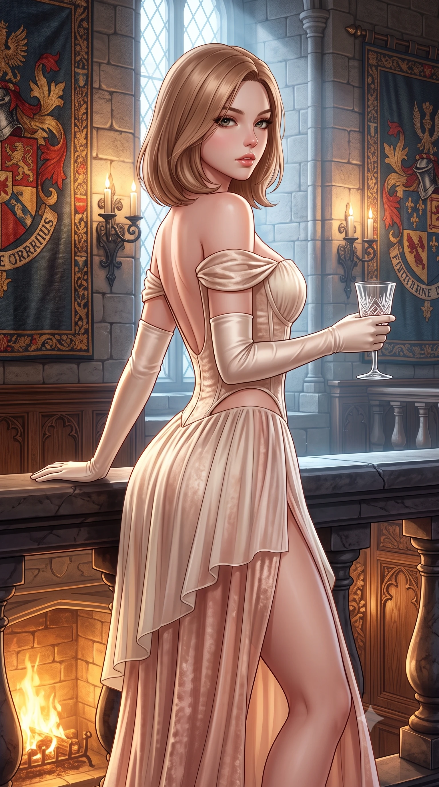 score_9, masterpiece, best quality, ultra-detailed, high-budget anime keyframe, semi-realistic 3D game render, editorial fashion photography, tasteful artistic composition, Korean woman. close-up cowboy shot from the waist and thighs up, the character dominates the composition, filling the frame with her large presence. leaning forward against the polished railing with her hips cocked back, creating an intoxicating curve from her narrow waist to sculpted hips as she gazes back into the lens while standing poised between towering medieval armorial tapestries, twisting her slender torso in a deep contrapposto stance with smoldering bedroom-eyes. The surrounding environment is rendered in vivid detail and crisp panoramic clarity. sharp aged castle masonry grain, wrought-iron wall sconces, and carved oak wood textures in deep focus. She has an exceptionally elegant, slender, and willowy female figure with an ultra-slim waist, flat toned midriff, narrow ribcage, and sculpted feminine hips creating an alluring, slim hourglass silhouette without bulk. sharp v-shaped jawline, high-bridge nose, intricate jewel-like eyes with depth, thick eyelashes, glossy parted lips with a natural sheen, intensely captivating and seductive bedroom-eyes expression, flawlessly proportioned anatomical accuracy, strict slender model proportions, natural body alignment, perfectly sculpted long slender limbs, ultra-slim waistline, clean dynamic posture without body distortion. wearing an off-shoulder French court corset bodice dress paired with a tiered translucent chiffon slit skirt in vintage champagne ivory and delicate rose gold, crafted from heavyweight crushed silk velvet with liquid vintage luster, accessorized with opera-length satin gloves and a vintage crystal glass, the precision-cut side openings and low-back scoop framing her graceful spine and the sensual sweep of her slim, toned hips. bathed in roaring stone hearth firelight from below and cool misty daylight streaming from towering castle windows. highly saturated vibrant anime colors, detailed shading with soft gradients, rich glossy textures, high-contrast stereoscopic depth, volumetric dynamic lighting, master piece, 9:16 ratio