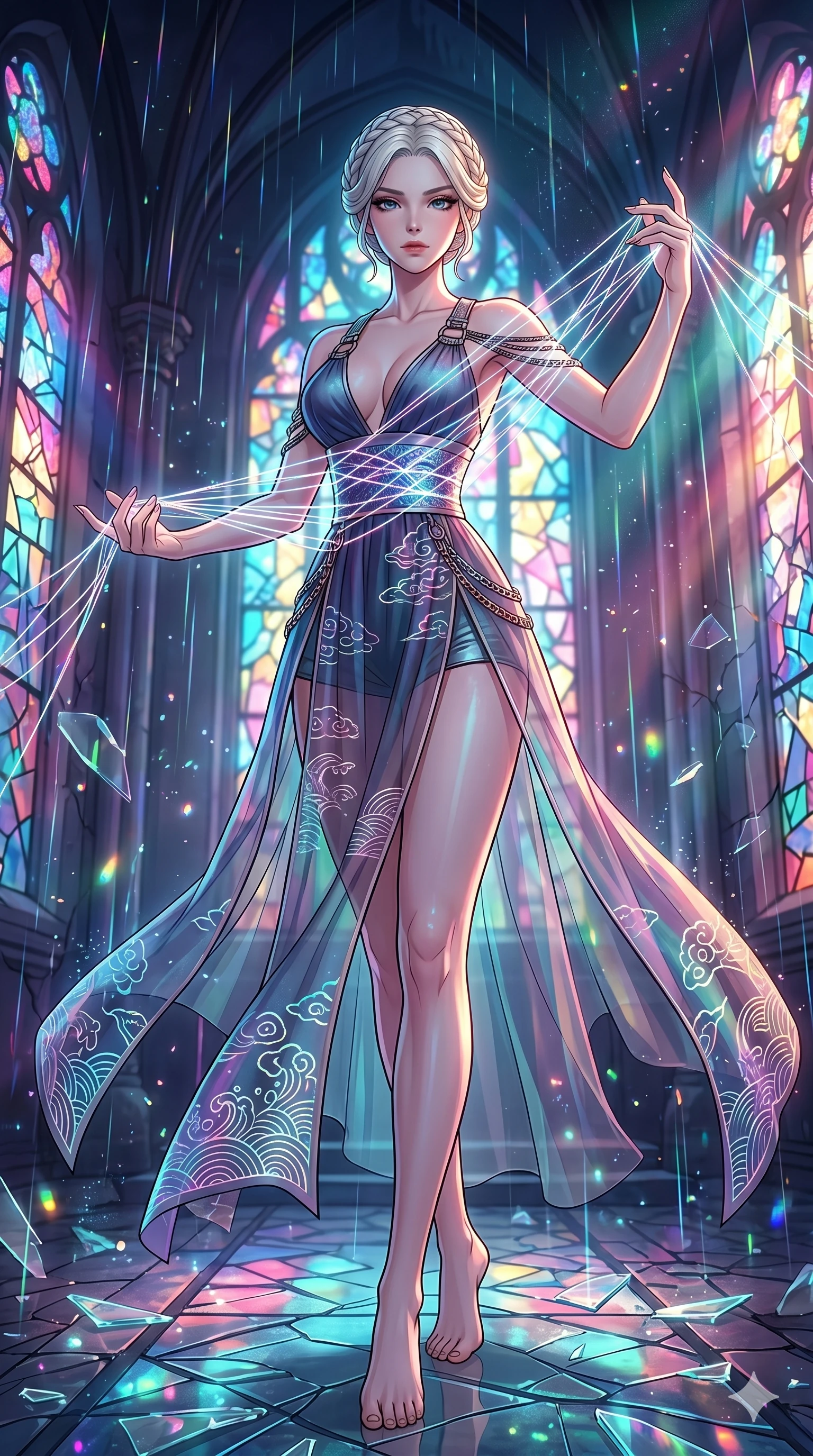 score_9, masterpiece, best quality, ultra-detailed, high-budget anime movie keyframe, cinematic anime lighting, intricate line art, Japanese anime girl. Low angle cowboy shot filling the entire 9:16 frame with her statuesque presence. weaving threads of light in a shattered stained glass cathedral with holographic rain. She has an absolutely perfect 8-heads proportion, an exceptionally tall and slender female figure with an ultra-slim waist and impossibly long slender legs. sharp v-shaped jawline, high-bridge nose, intricate jewel-like eyes, thick eyelashes, glossy lips. Wearing modernized deep-plunging silk hanbok-fusion with metallic straps, a high-slit sheer skirt over micro-shorts, and holographic embroidered patterns. The scene is illuminated by dramatic atmospheric lighting and vibrant color palettes. 2k, ultra detail, master piece, 9:16 ratio