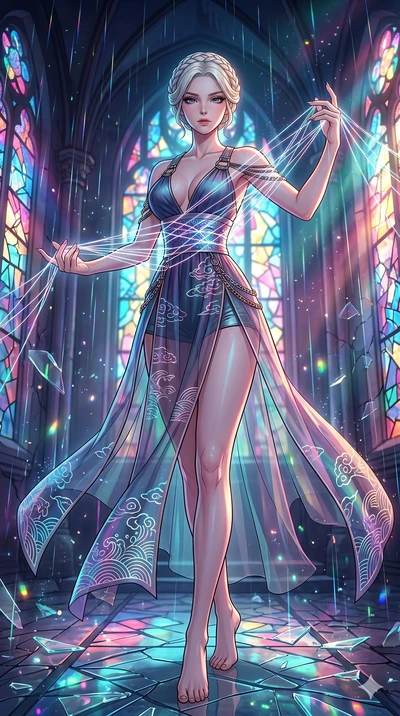 score_9, masterpiece, best quality, ultra-detailed, high-budget anime movie keyframe, cinematic anime lighting, intricate line art, Japanese anime girl. Low angle cowboy shot filling the entire 9:16 frame with her statuesque presence. weaving threads