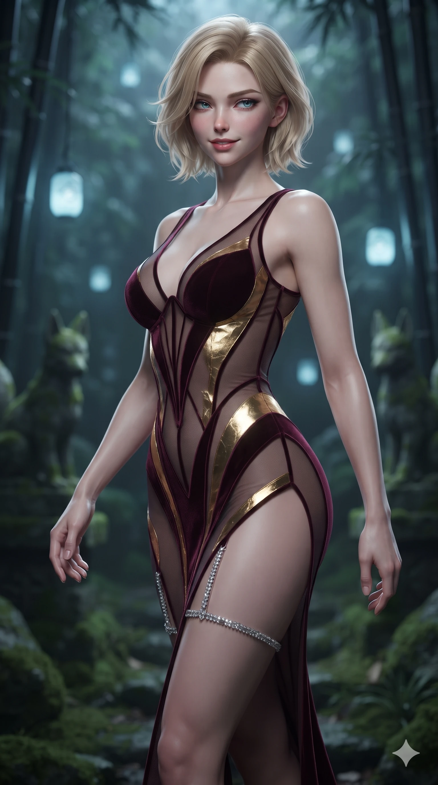 score_9, masterpiece, best quality, ultra-detailed, high-budget anime keyframe, editorial fashion photography, tasteful artistic composition, Caucasian woman. close-up cowboy shot from the waist and thighs up, the character dominates the composition, filling the frame with her large presence. glancing sidelong over her shoulder with a smoldering, enigmatic half-smile that commands the frame while stepping forward into the spiritual clearing with feline grace, hips swaying in an alluring sensual rhythm that accentuates her curvy hourglass silhouette. The background shows a soft-focus dark mossy stone kitsune statues, floating pale blue spirit lanterns, and towering black bamboo stalks blurred into pale blue, jade, and charcoal bokeh. She has an exceptionally elegant, slender, and willowy female figure with an ultra-slim waist, flat toned midriff, narrow ribcage, and sculpted feminine hips creating an alluring, slim hourglass silhouette without bulk. sharp v-shaped jawline, high-bridge nose, intricate jewel-like dark sparkling eyes with hypnotic seductive depth, thick curled eyelashes, glossy parted lips with a natural wine sheen, alluring bedroom-eyes with an enigmatic smoldering smile, exuding magnetic sovereign charisma and dark avant-garde glamour, flawlessly proportioned anatomical accuracy, strict slender model proportions, natural body alignment, perfectly sculpted long slender limbs, ultra-slim waistline, clean dynamic posture without body distortion. wearing a sheer-illusion mesh corset gown with strategic opaque velvet panels framing her waist and hips in deep wine burgundy and lustrous gold foil, made of fluid liquid jersey with seamless sculpting hold and smooth contours, finished with delicate crystal-encrusted thigh garter straps glinting in the laser glare, the glove-like silhouette tightly following the natural contour of her hips and long slender legs with youthful 8.5-heads elegance. illuminated by spirit lantern cold ground bounce and sharp silver-cyan rim lights defining her razor-sharp jawline, narrow waist, and curvy hips. ultra-reflective glossy finish, specular highlights, metallic sheen, high-contrast stereoscopic depth, volumetric dynamic lighting, 2k, ultra detail, master piece, 9:16 ratio