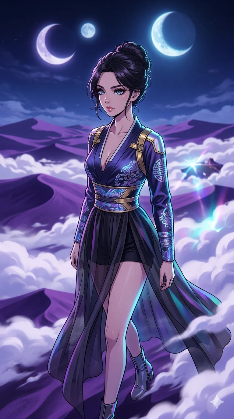 score_9, masterpiece, best quality, ultra-detailed, high-budget anime movie keyframe, cinematic anime lighting, intricate line art, Japanese woman. Medium shot of upper body capturing the intricate details of her high-fashion attire. navigating a sea of clouds in a desert of purple sands under a twin-moon sky. She has an absolutely perfect 8-heads proportion, an exceptionally tall and slender female figure with an ultra-slim waist and impossibly long slender legs. sharp v-shaped jawline, high-bridge nose, intricate jewel-like eyes, thick eyelashes, glossy lips. Wearing modernized deep-plunging silk hanbok-fusion with metallic straps, a high-slit sheer skirt over micro-shorts, and holographic embroidered patterns. The scene is illuminated by dramatic atmospheric lighting and vibrant color palettes. , 2k, ultra detail, master piece, 9:16 ratio