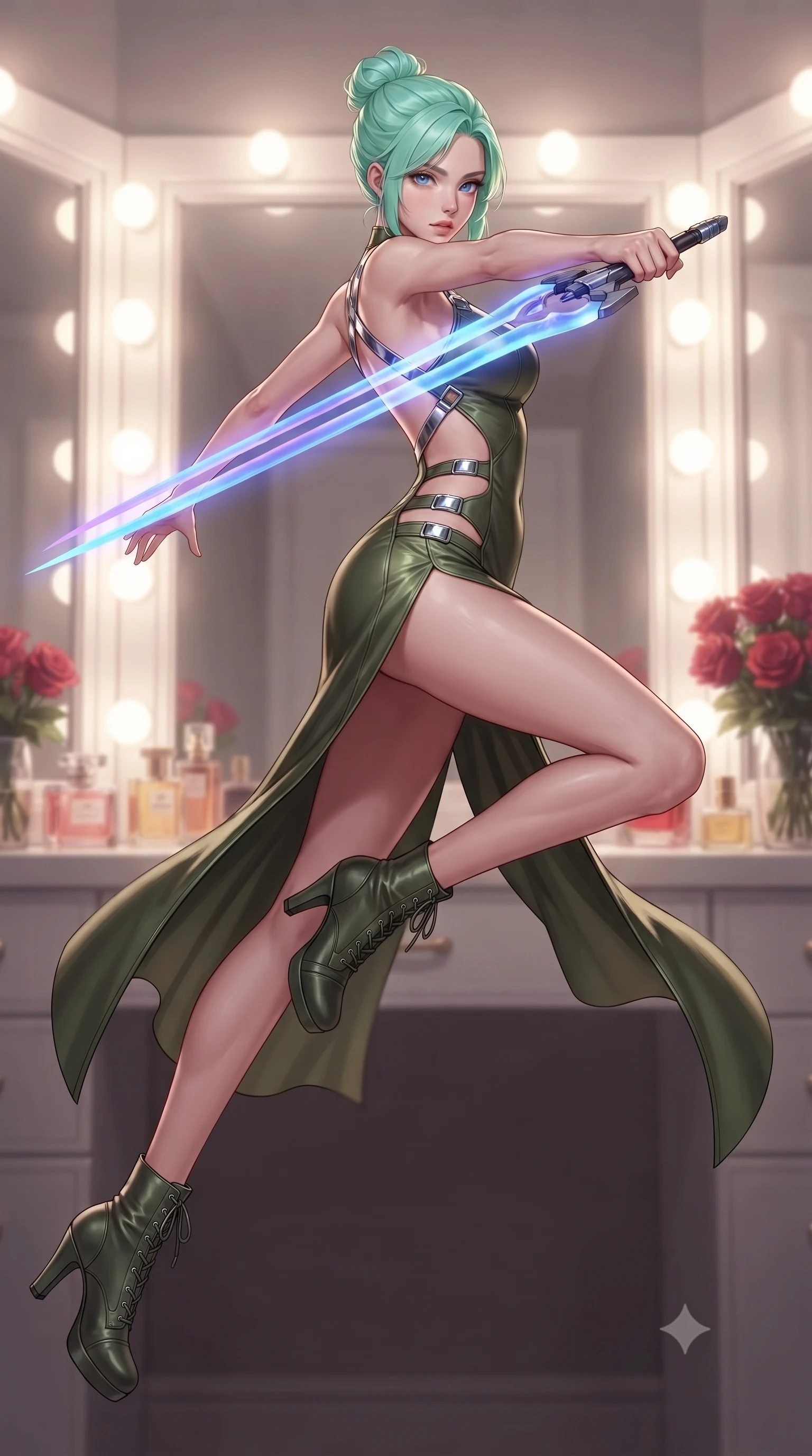 score_9, masterpiece, best quality, ultra-detailed, high-budget anime keyframe, editorial fashion photography, tasteful artistic composition, Japanese woman. low angle full-body shot from head to toe showing her feet, filling the entire 9:16 vertical frame with her statuesque presence, stretching her vertical silhouette. leaping forward while slashing with a twin-bladed plasma sword in mid-air, her body-contouring suit showing her athletic silhouette, the background shows a soft-focus a dressing room corner with bouquets of red roses and perfume bottles. She has an absolutely perfect, statuesque 8.5-heads proportion, an exceptionally tall and slender model-like female figure with impossibly long slender legs and an ultra-slim waist. sharp v-shaped jawline, high-bridge nose, intricate jewel-like eyes with depth, thick eyelashes, glossy lips with a natural sheen. wearing a slim-fit dramatic open-back maxi combat dress in olive green, featuring a high thigh slit and chrome straps. soft vanity lighting reflecting off mirrors to create a glowing frame around her. ultra-reflective glossy finish, specular highlights, metallic sheen, high-contrast stereoscopic depth, volumetric dynamic lighting, 2k, ultra detail, master piece, 9:16 ratio