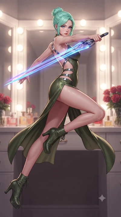 score_9, masterpiece, best quality, ultra-detailed, high-budget anime keyframe, editorial fashion photography, tasteful artistic composition, Japanese woman. low angle full-body shot from head to toe showing her feet, filling the entire 9:16 vertical