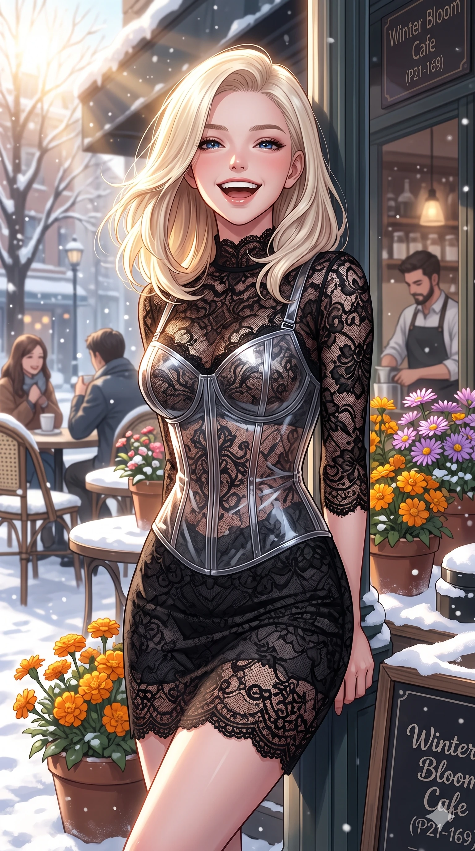score_9, masterpiece, best quality, ultra-detailed, high-budget anime keyframe, vibrant anime aesthetic, Caucasian woman, strictly human ears. cowboy shot from the thighs up, character and outfit filling the frame for maximum presence. She is leaning back with a cheerful winter laugh, looking directly into the camera lens in snow by a street cafe terrace filled with autumn flowers (Code-P21-169). She has an absolutely perfect 8-heads proportion, an exceptionally tall and slender female figure with impossibly long slender legs and an ultra-slim waist. V-shaped jawline, high-bridge nose, intricate jewel-like eyes with depth, thick eyelashes, glossy lips with a natural sheen. wearing a transparent PVC corset over a black lace dress in winter. She is drenched in brilliant midday winter sunbeams, casting a radiant halo around her hair. 2k, ultra detail, master piece, 9:16 ratio