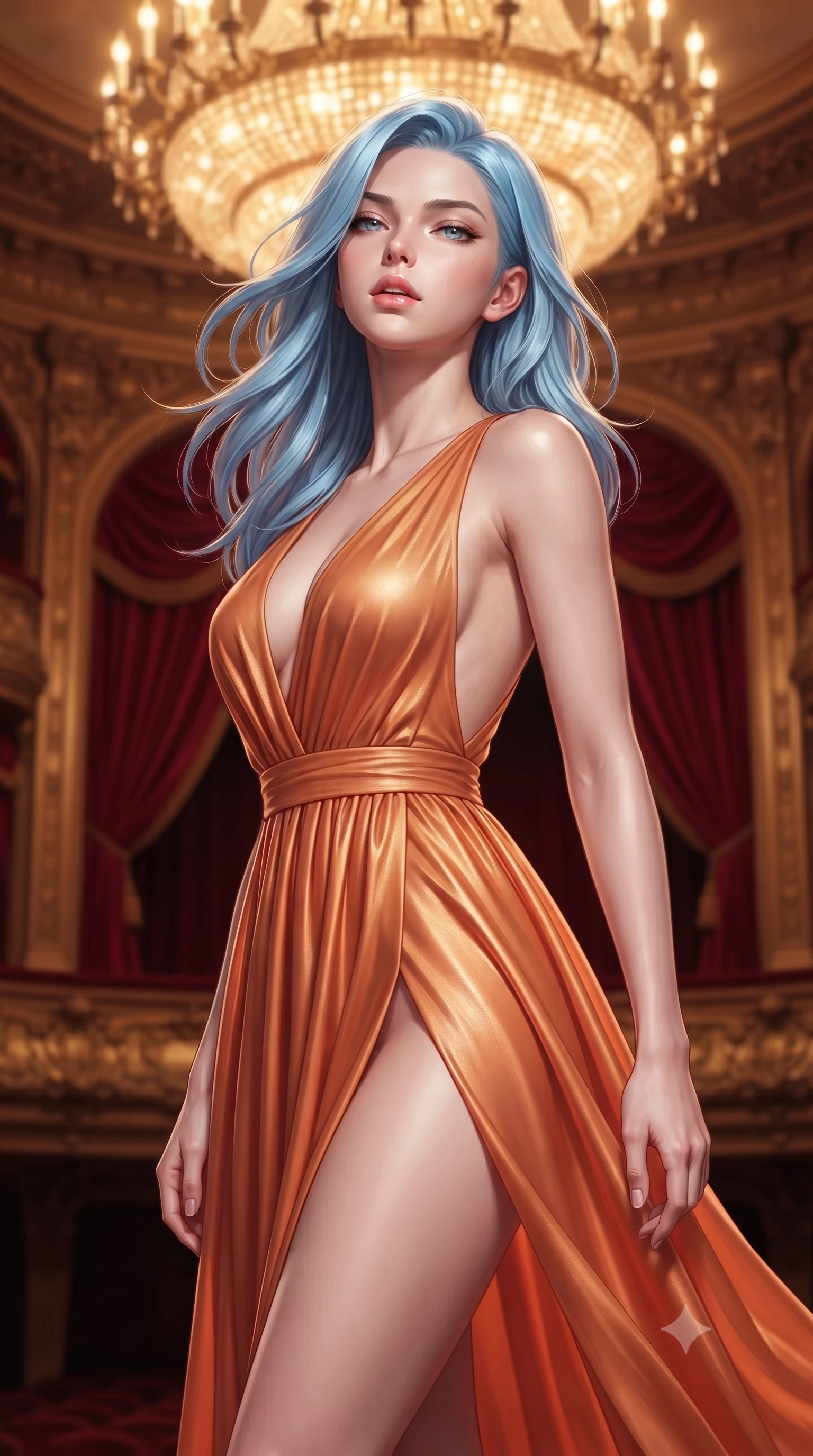 score_9, masterpiece, best quality, ultra-detailed, high-budget anime keyframe, editorial fashion photography, tasteful artistic composition, Korean woman. close-up cowboy shot from the waist and thighs up, the character dominates the composition, filling the frame with her large presence, background elements kept in soft focus. tilting her chin up slightly with lips parted in a composed, provocative expression the background shows a soft-focus the 2nd-floor VIP opera box suite draped in heavy red silk velvet and gold carving decorations. She has an exceptionally elegant, slender, and willowy female figure with an ultra-slim waist, a gracefully sculpted slender torso, and a refined silhouette. sharp v-shaped jawline, high-bridge nose, intricate jewel-like eyes with depth, thick eyelashes, glossy lips with a natural sheen. wearing a tailored high-slit resort gown in sunset orange chiffon, featuring a daring thigh-slit and open back. warm golden light from the massive theater chandelier casting a soft wash. ultra-reflective glossy finish, specular highlights, metallic sheen, high-contrast stereoscopic depth, volumetric dynamic lighting, 2k, ultra detail, master piece, 9:16 ratio
