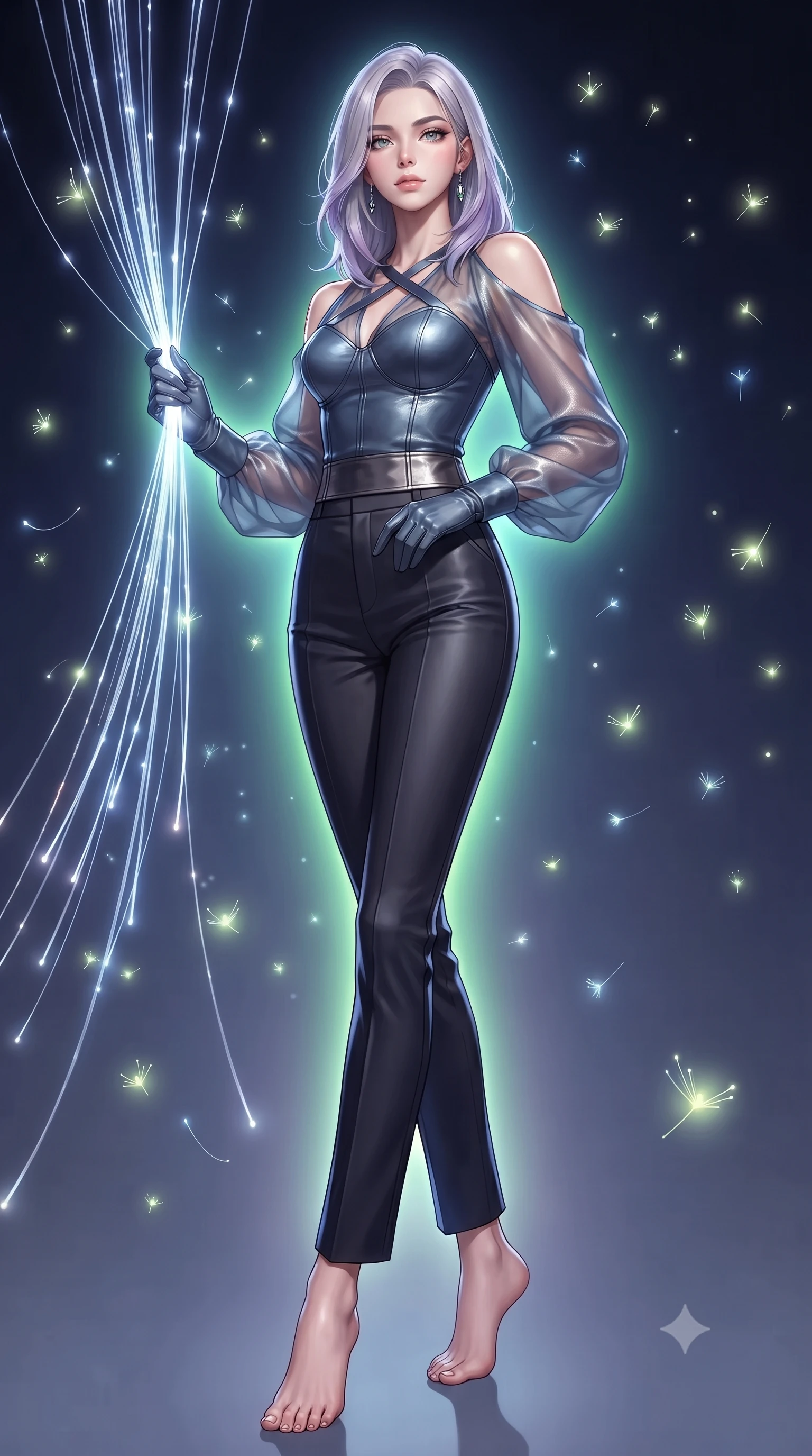 score_9, masterpiece, best quality, ultra-detailed, high-budget anime keyframe, editorial fashion photography, tasteful artistic composition, Caucasian woman. low angle full-body shot from head to toe showing her feet, filling the entire 9:16 vertical frame with her statuesque presence, stretching her vertical silhouette. interacting gracefully with the magical floating elements while maintaining a confident posture touching a cluster of luminescent filament threads casting brilliant lattice beams, glowing fiber optic motes drifting like fireflies in the background. She has an absolutely perfect, statuesque 8.5-heads proportion, an exceptionally tall and slender model-like female figure with impossibly long slender legs and an ultra-slim waist. sharp v-shaped jawline, high-bridge nose, intricate jewel-like eyes with depth, thick eyelashes, glossy lips with a natural sheen. wearing a tailored leather bustier over a sheer silk chiffon blouse in slate blue and metallic silver, woven from fine semi-opaque sheer organza, complemented by criss-cross back straps highlighting her bare shoulders, the glove-like fit emphasizing her statuesque silhouette. surrounded by a vibrant fluorescent aura with bright rim highlights. ultra-reflective glossy finish, specular highlights, metallic sheen, high-contrast stereoscopic depth, volumetric dynamic lighting, 2k, ultra detail, master piece, 9:16 ratio