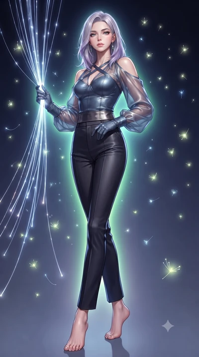 score_9, masterpiece, best quality, ultra-detailed, high-budget anime keyframe, editorial fashion photography, tasteful artistic composition, Caucasian woman. low angle full-body shot from head to toe showing her feet, filling the entire 9:16 vertica
