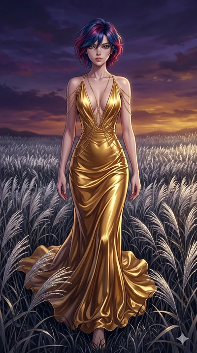 score_9, masterpiece, best quality, ultra-detailed, High-budget Anime Keyframe, East Asian woman. Dynamic full-body shot stretching the vertical silhouette to the limit. Scenario 248: Walking through a field of tall silver grass at twilight. Her pres